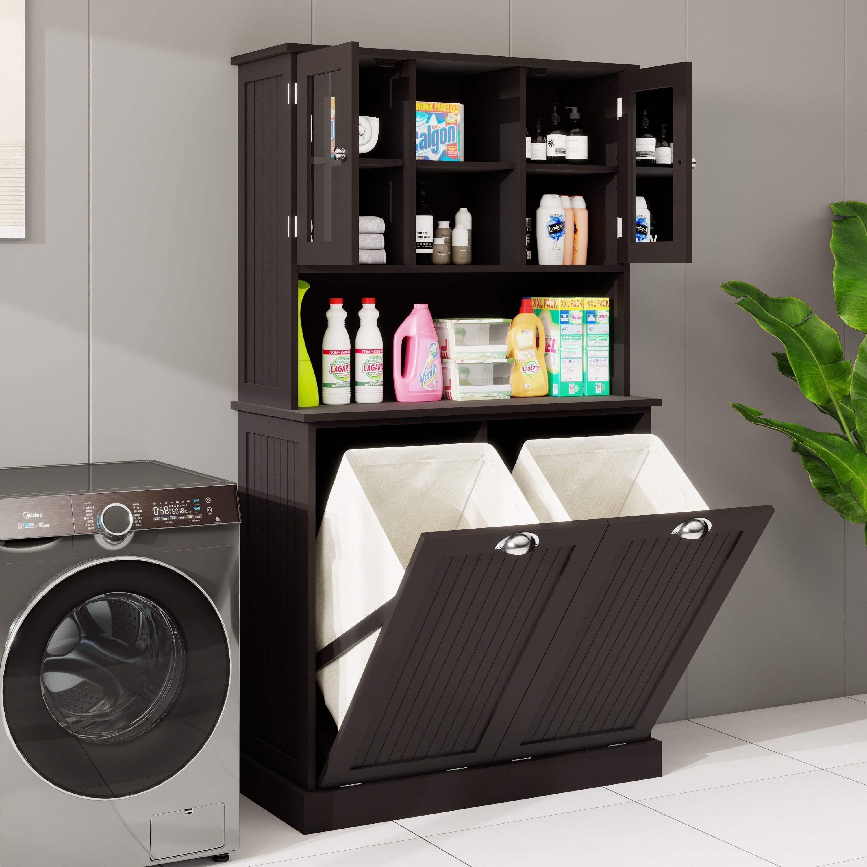 Two-Compartment Tilt-Out Dirty Laundry Basket Tall Bathroom Cabinet with 2 Adjustable Shelves-Black