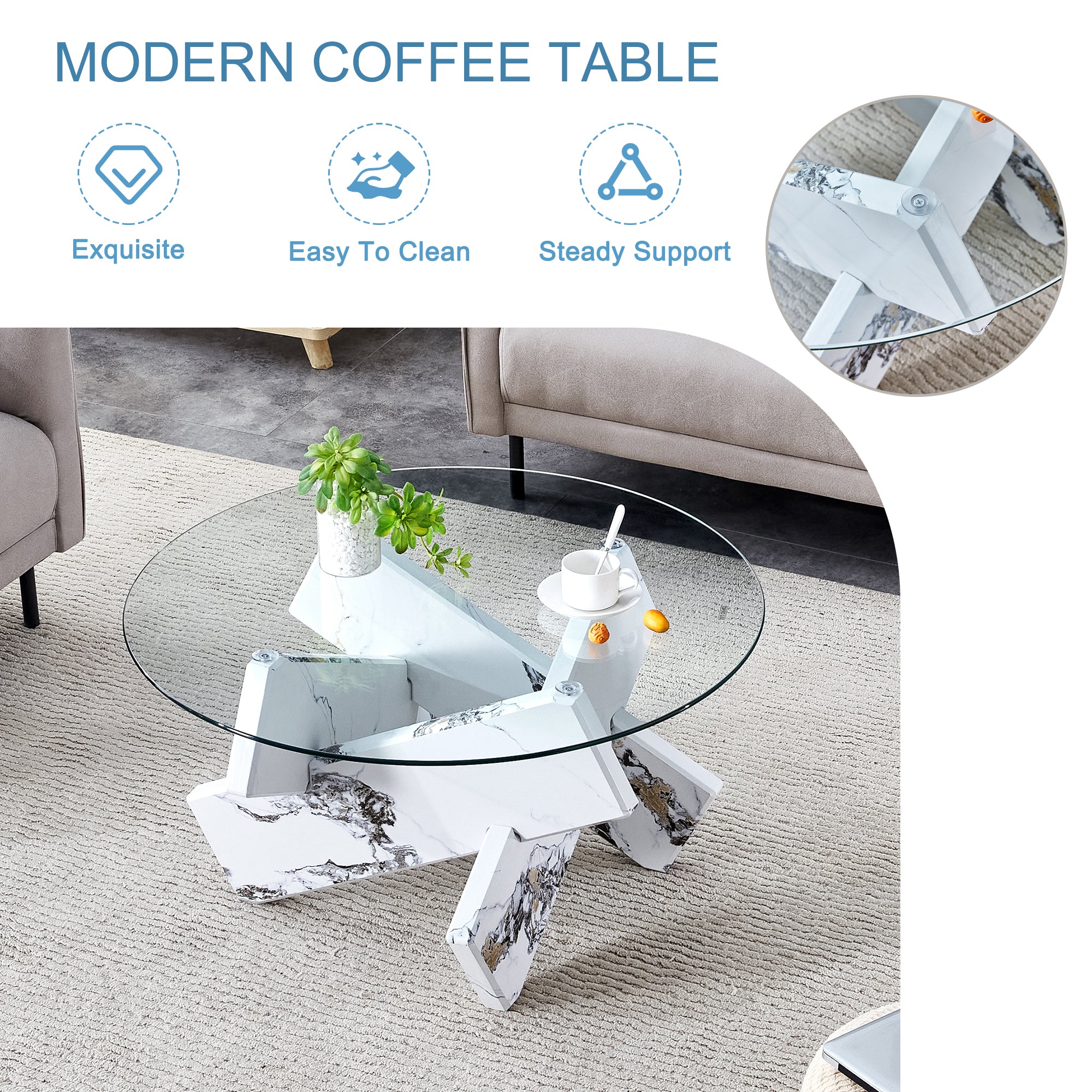 Modern 33.4" Round Glass Coffee Table with Tempered Glass Top & Cross Legs