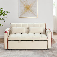 55.51" Foldable Velvet Sofa Bed with Adjustable Back, Pull-Out Design with USB Port, Ashtray, and Swivel Phone Stand, Beige