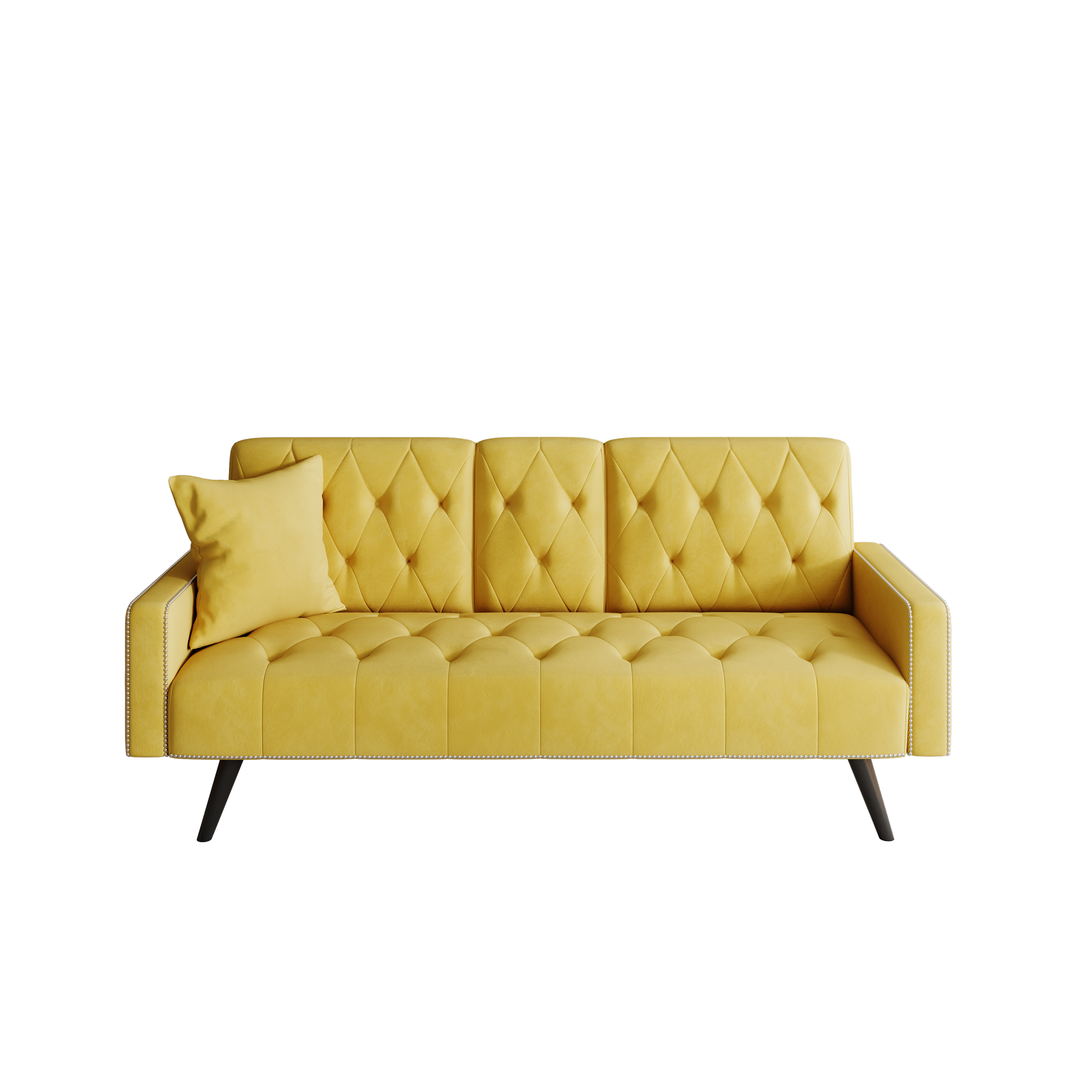 72" Yellow Velvet Sofa Bed with Nail Head Trim & Two Cup Holders Sleeper Sofa for Small Living Room