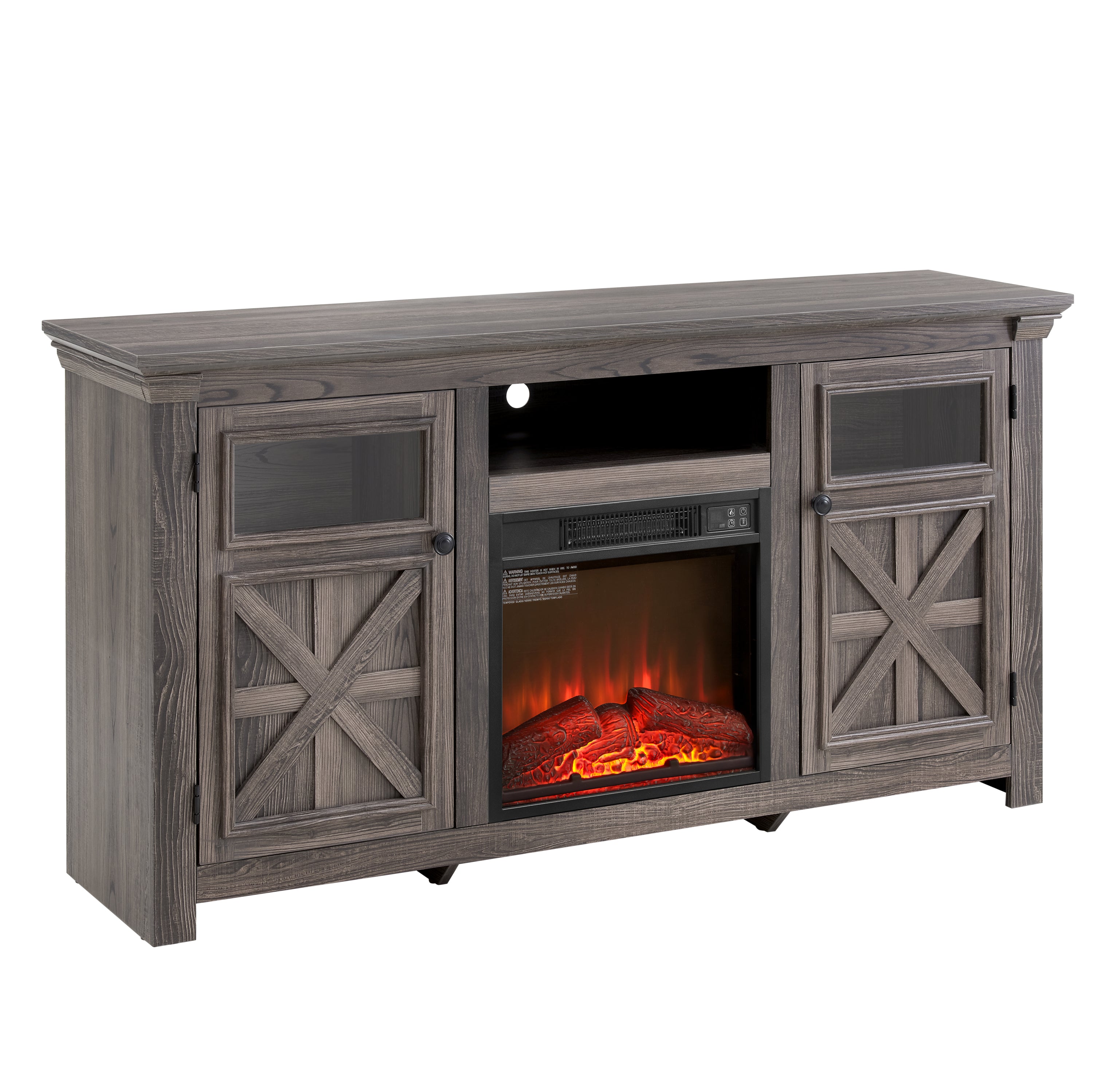 Farmhouse TV Stand with 2 Doors, Barn Design, Large Media Console with 18" Electric Fireplace Insert, GREY