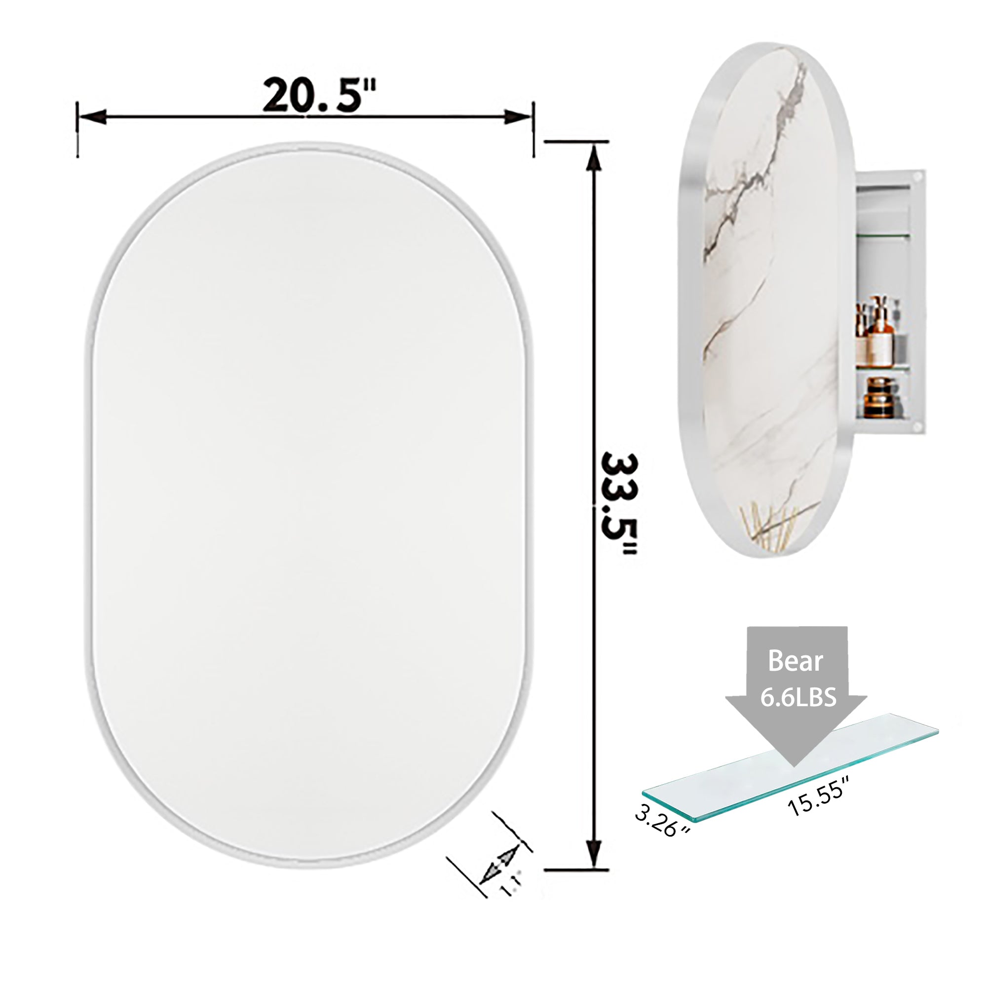 20x34 Inch Oval Recessed Medicine Cabinet, Metal Framed Bathroom Wall Cabinet with Mirror and Adjustable Shelves, Wall Mirror with Storage for Bathroom, White