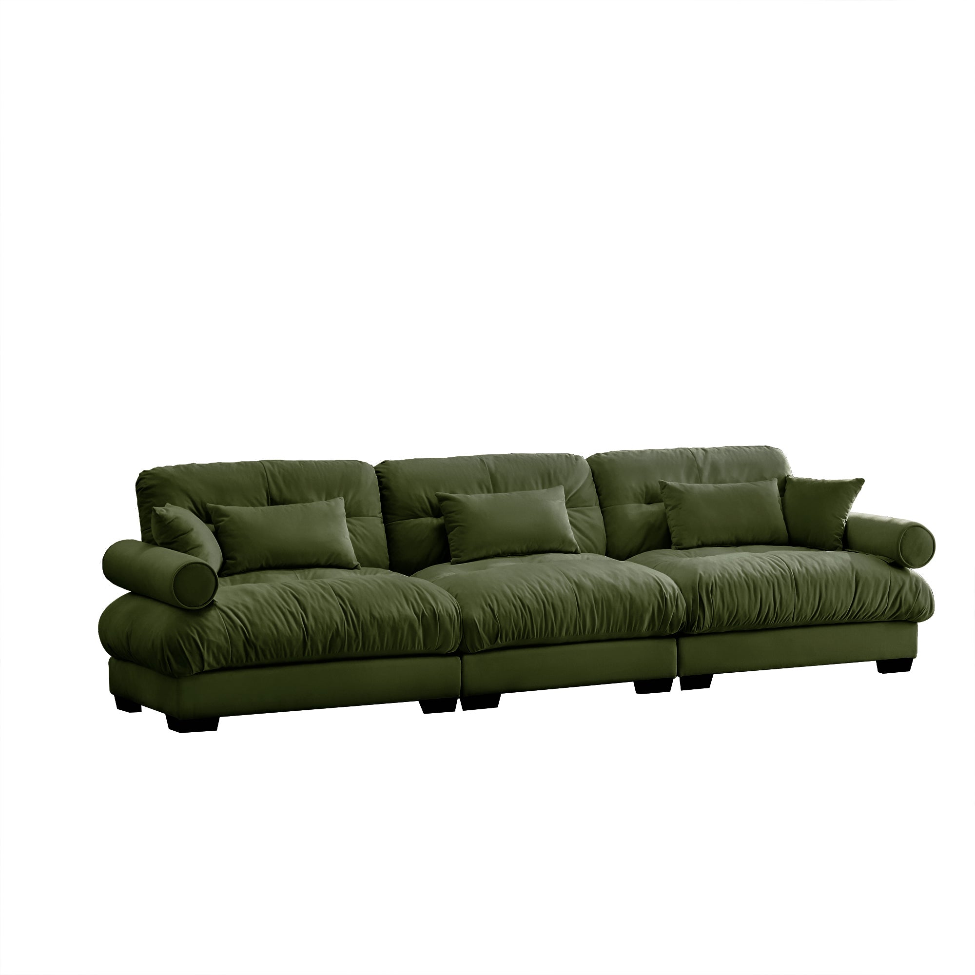 Extra-Large 3-Seater Modern Velvet Sofa, Oversized Cloud-Like Comfort with Waist and Throw Pillows, Olive green