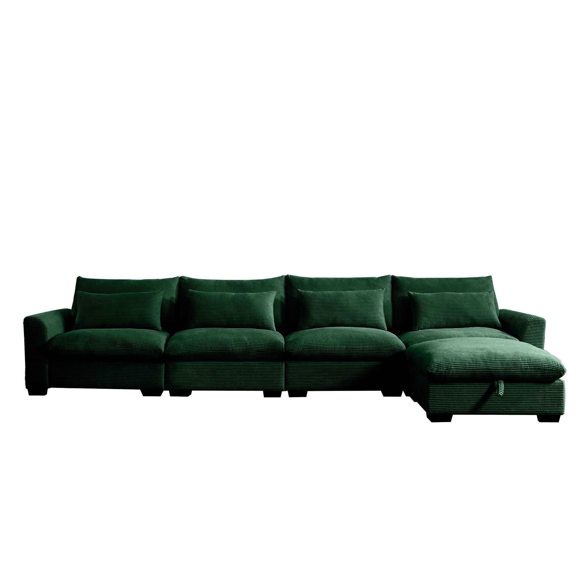 Large L Shape Sectional Corduroy Sofa,Deep Seat Couch with Storage Footstool and 4 Waist Pillows, Green