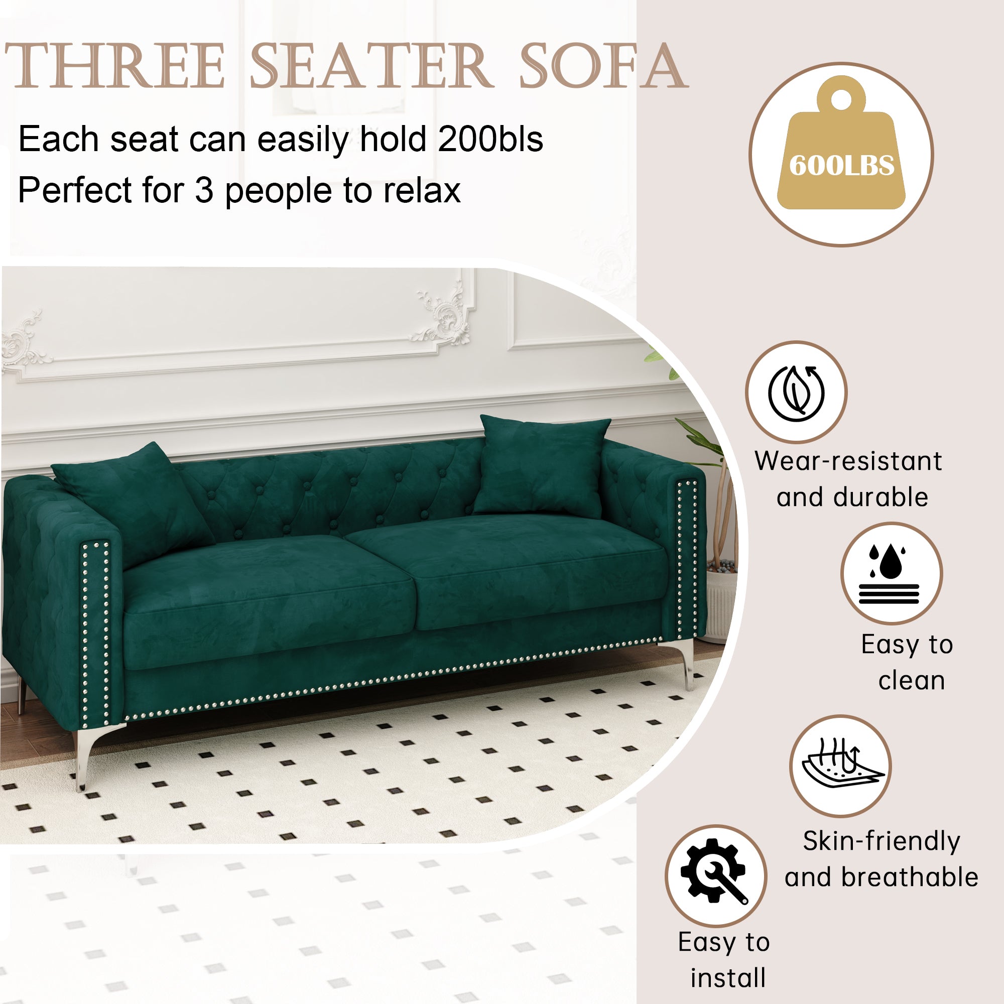 83" Green Velvet 3-Seater Sofa with 2 Comfy Pillows - Perfect Design for Living Room