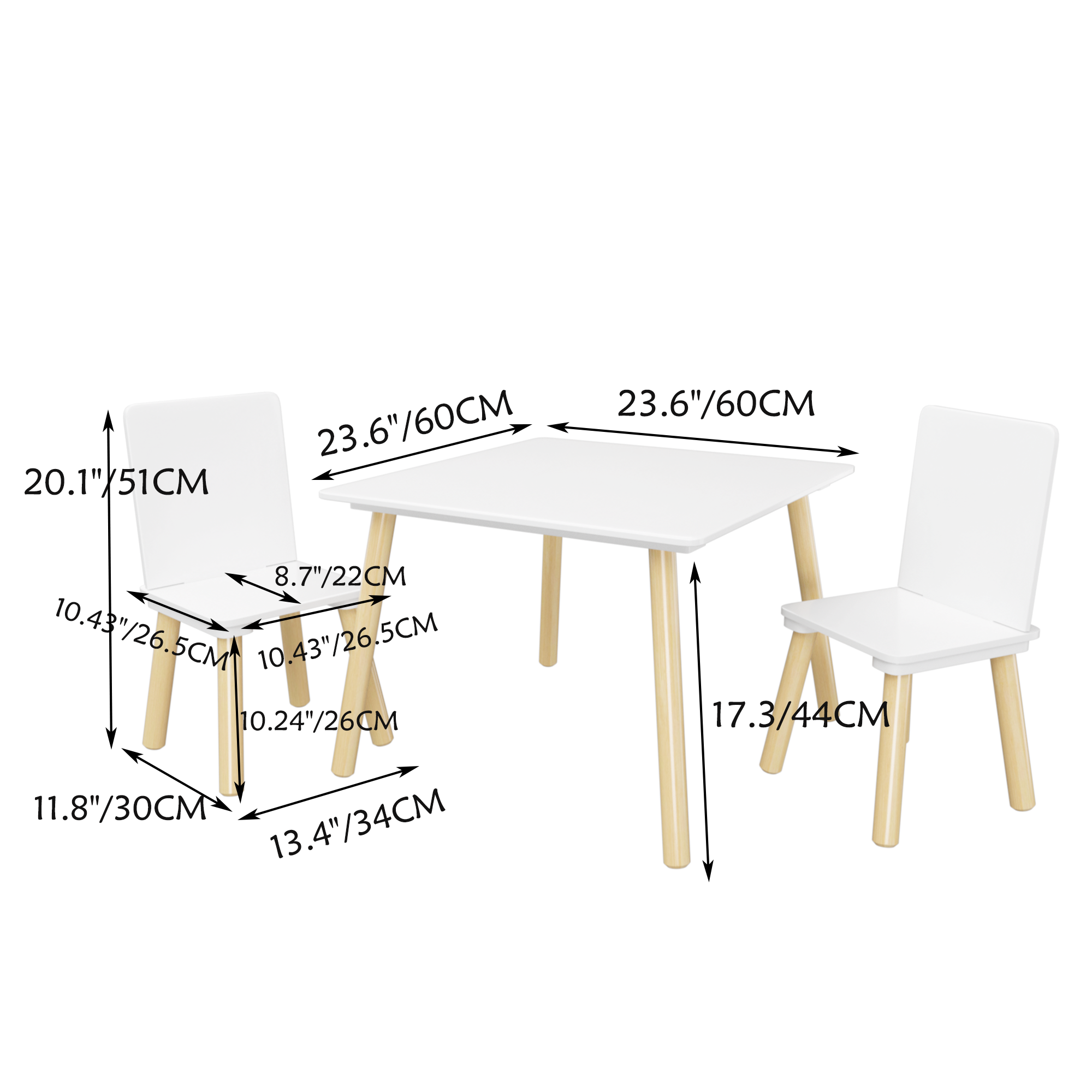 Kids Table and 2 Chairs Set, 3 Pieces Toddler Table and Chair Set, Wooden Activity Play Table Set (White)