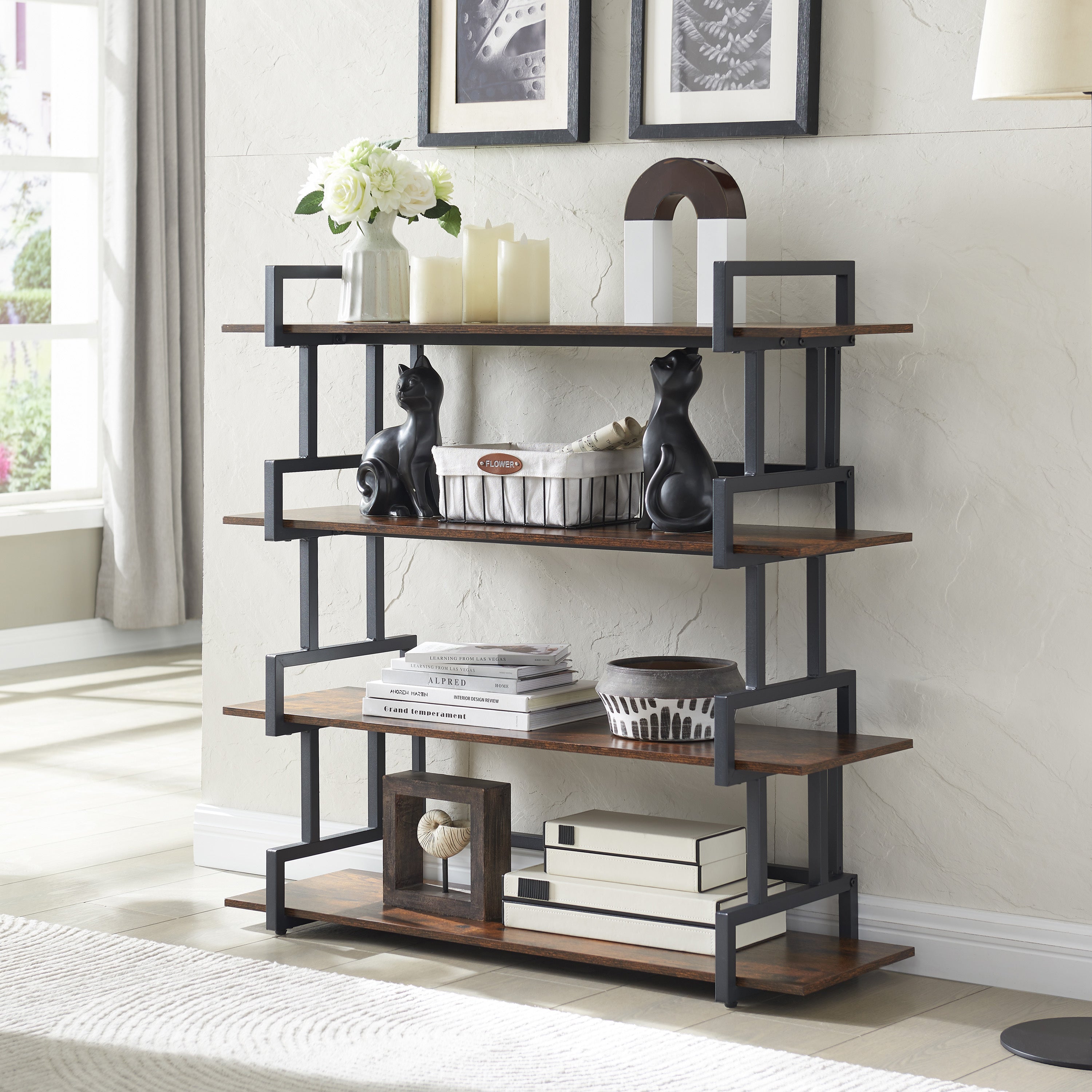 4-Tier Rustic Wood & Metal Bookshelf, Industrial Style