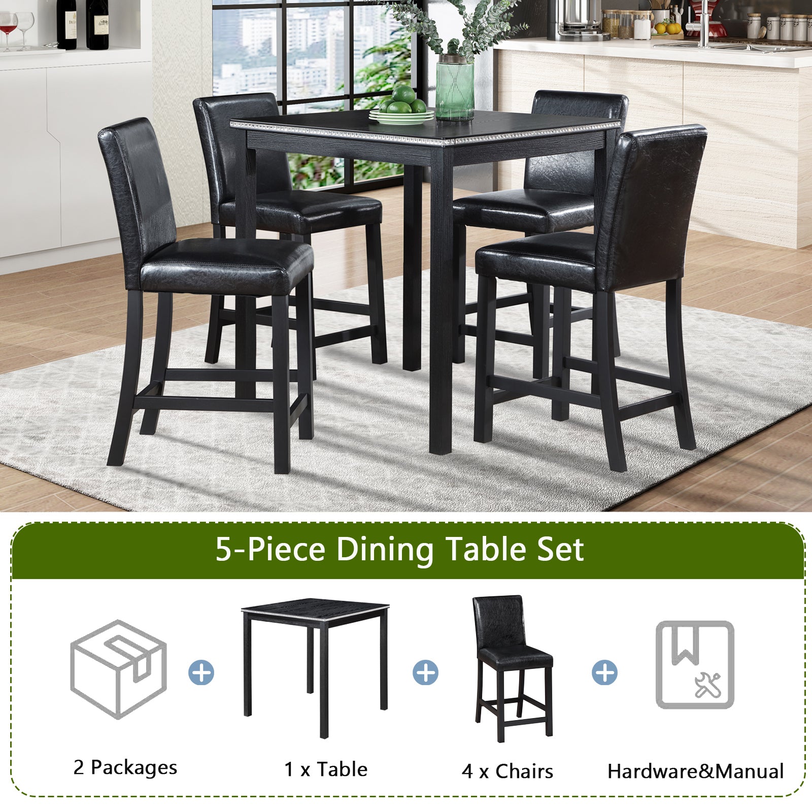 5 Piece Counter Height Table Set, Wooden Kitchen Table Set with Square Table and 4 Upholstered Chairs, Counter Height Dining Table with Crystal Decoration and Chair Set for Kitchen, Dining Room,Black