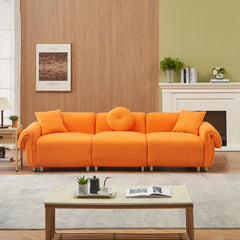 112 inch orange teddy velvet fabric, with 3 pillows, three sofa can be placed in the living room and other scenes Orange teddy velvet fabric, with 3 pillows, three sofa can be placed in the living roo