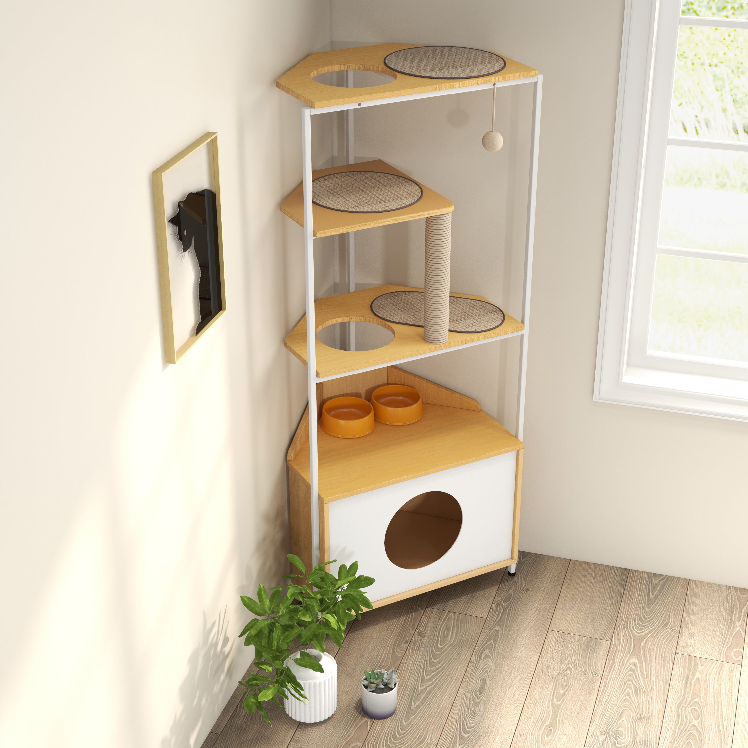 Corner Cat Tower, Cat Tree with Scratching Post, Cat Condo with Feeding Station and Climbing Platforms, Pet Furniture for Indoor Cats