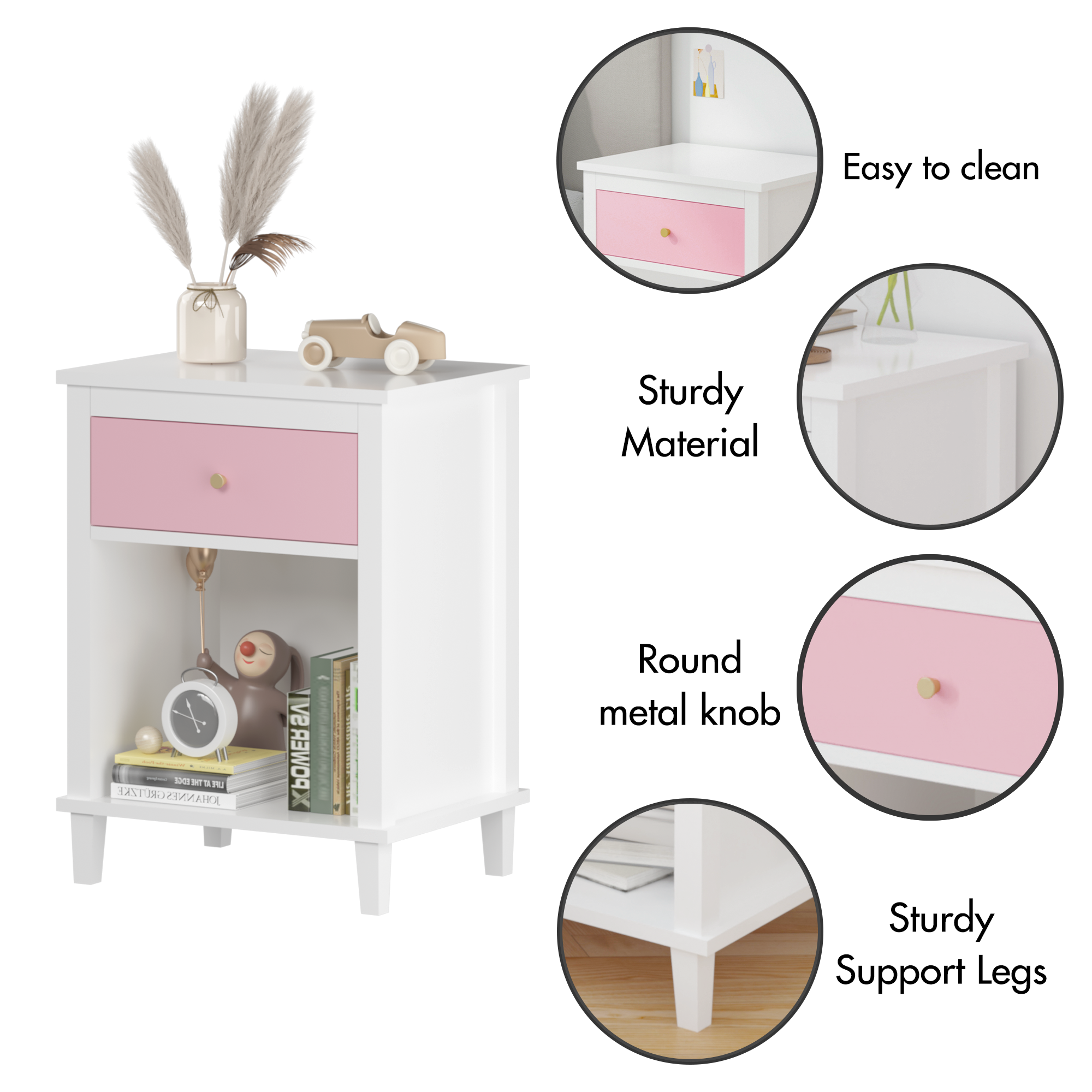 26.77''H Wooden Nightstand with One Drawer One Shelf for Kids, Adults, Pink