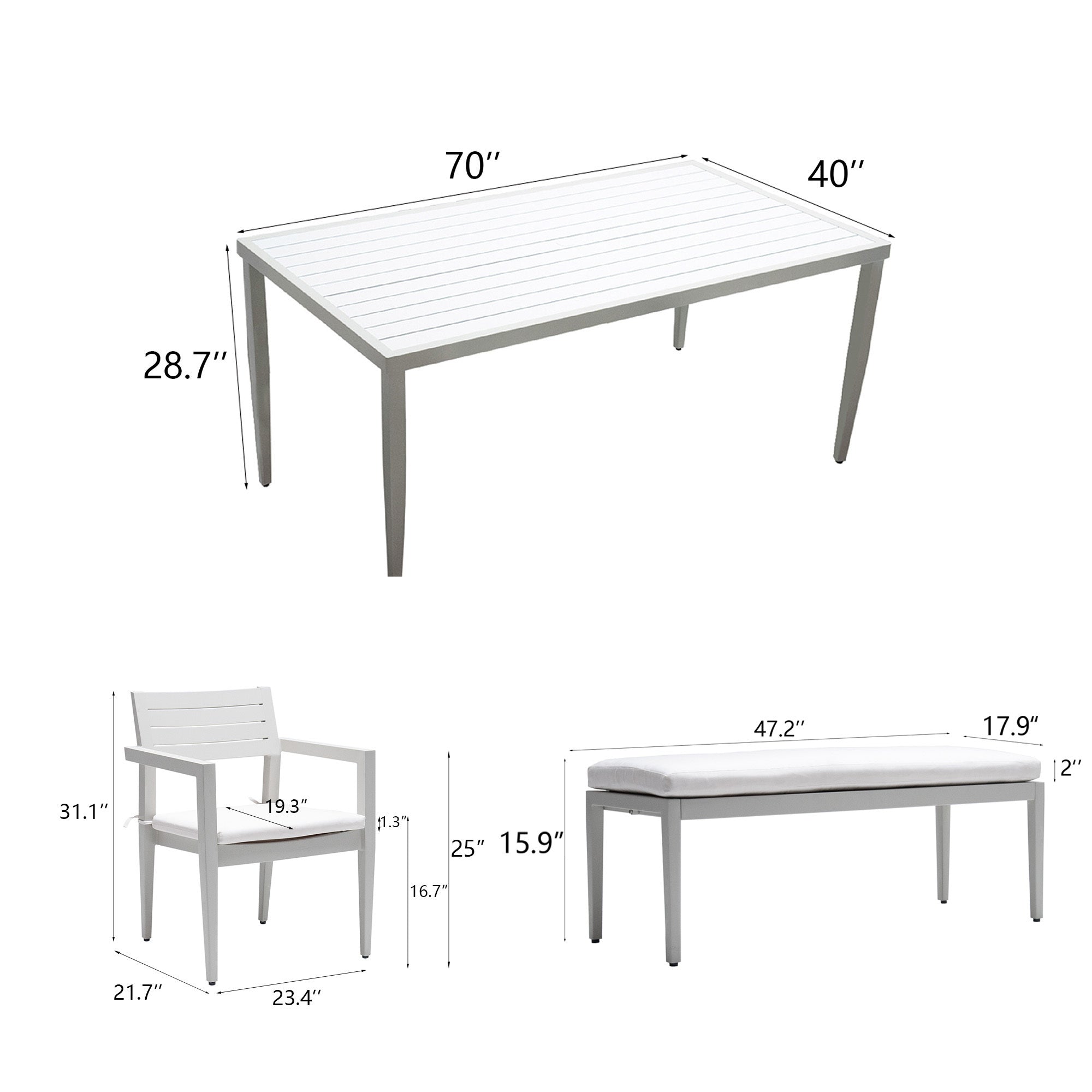 6PC Patio Aluminum Furniture, Modern Dining Set, including 4 Dining Chairs & 1 Dining Bench Sunbrella Fabric Cushioned and Two-tone Table Top Rectangle Table with Umbrella Hole, Matte White+Grayish