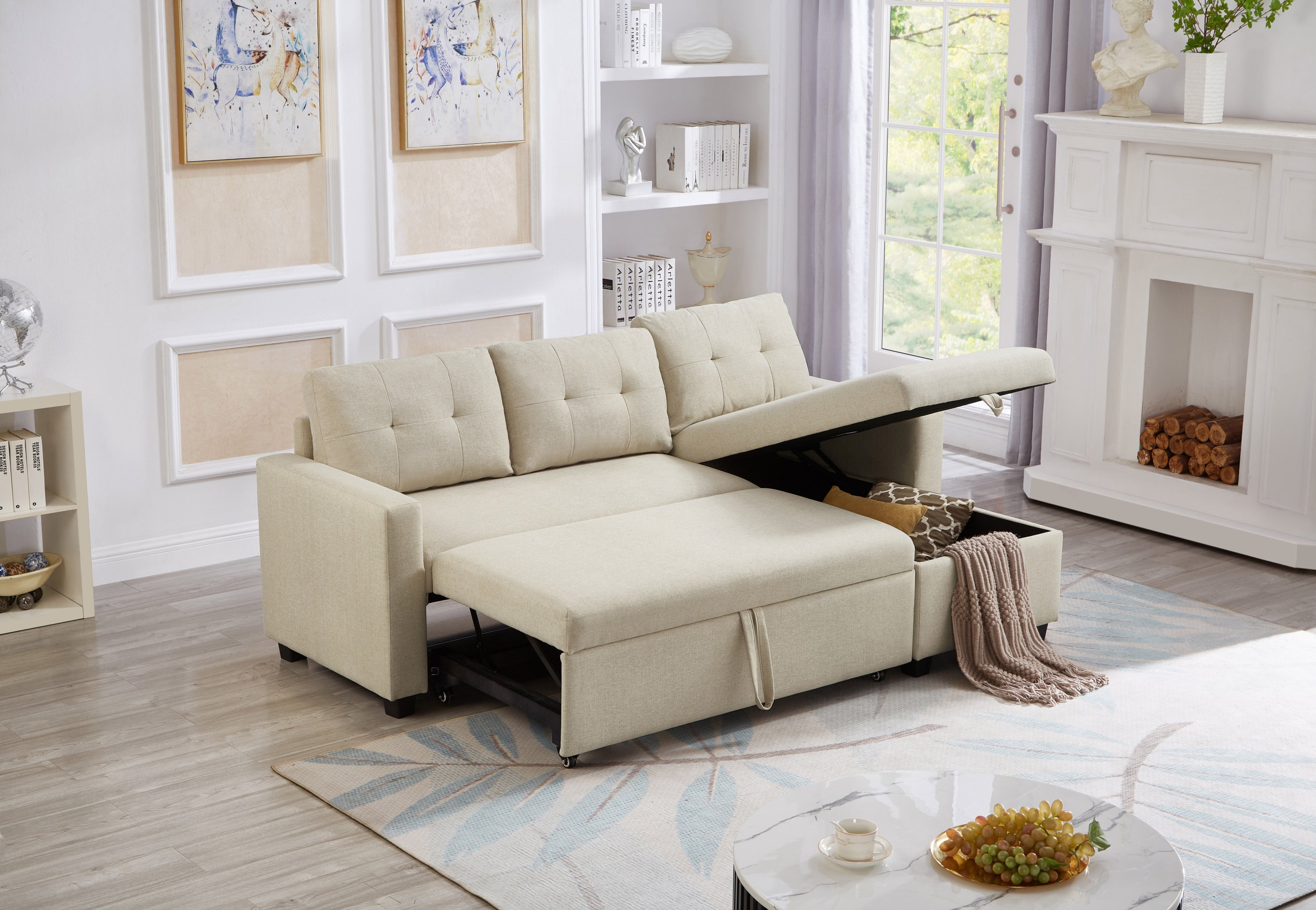 Upholstered Pull Out Sectional Sofa with Storage Chaise, Convertible Corner Couch, Beige