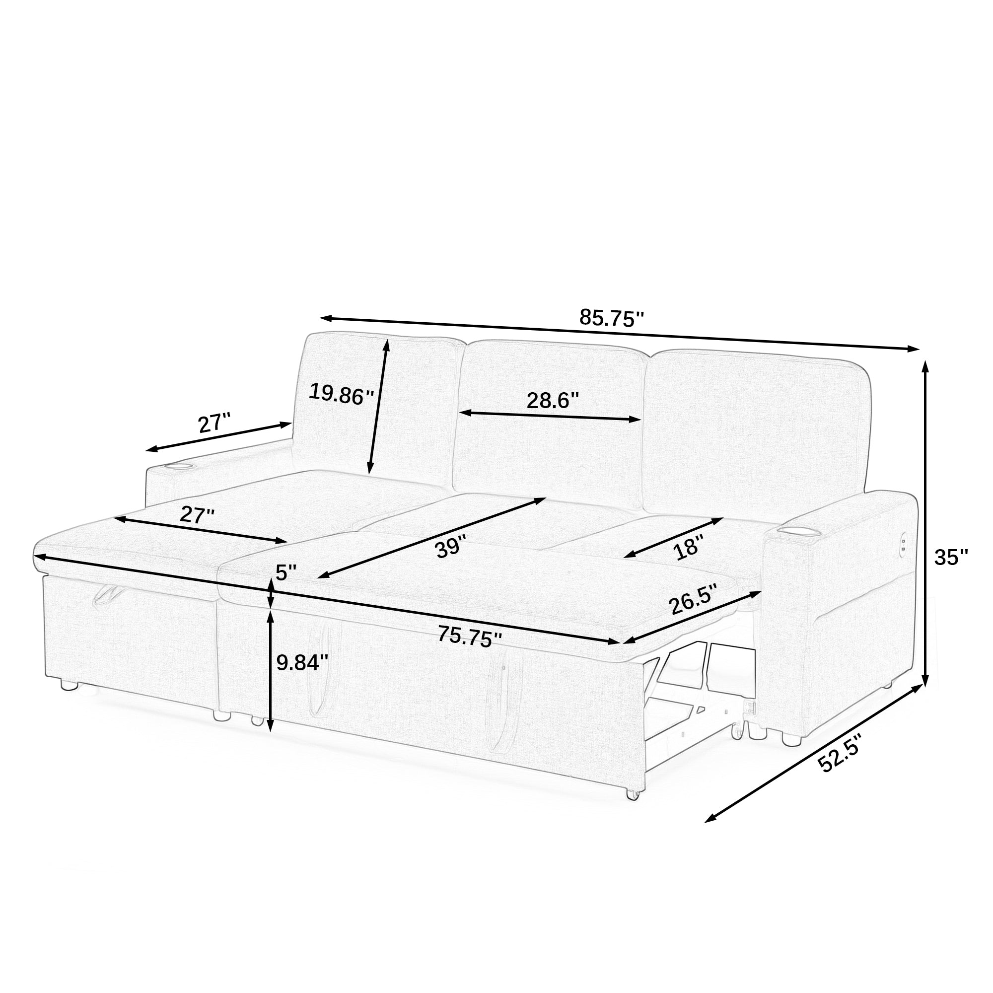 Linen Upholstered Sleeper Sectional Sofa, Shaped Modular Convertible Sofa with Storage Chaise,Side armrests with cup holders,Pull Out Sleep Couch Bed ,Grey