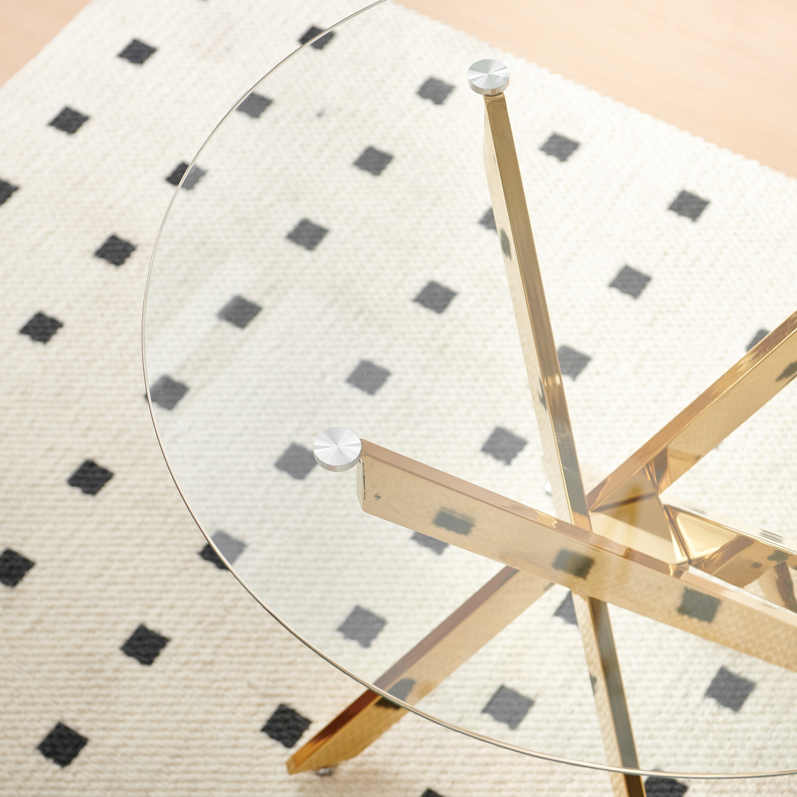 Golden Dining Table with cross metal leg and glass,Modern Space Saving Kitchen Table for Living Room