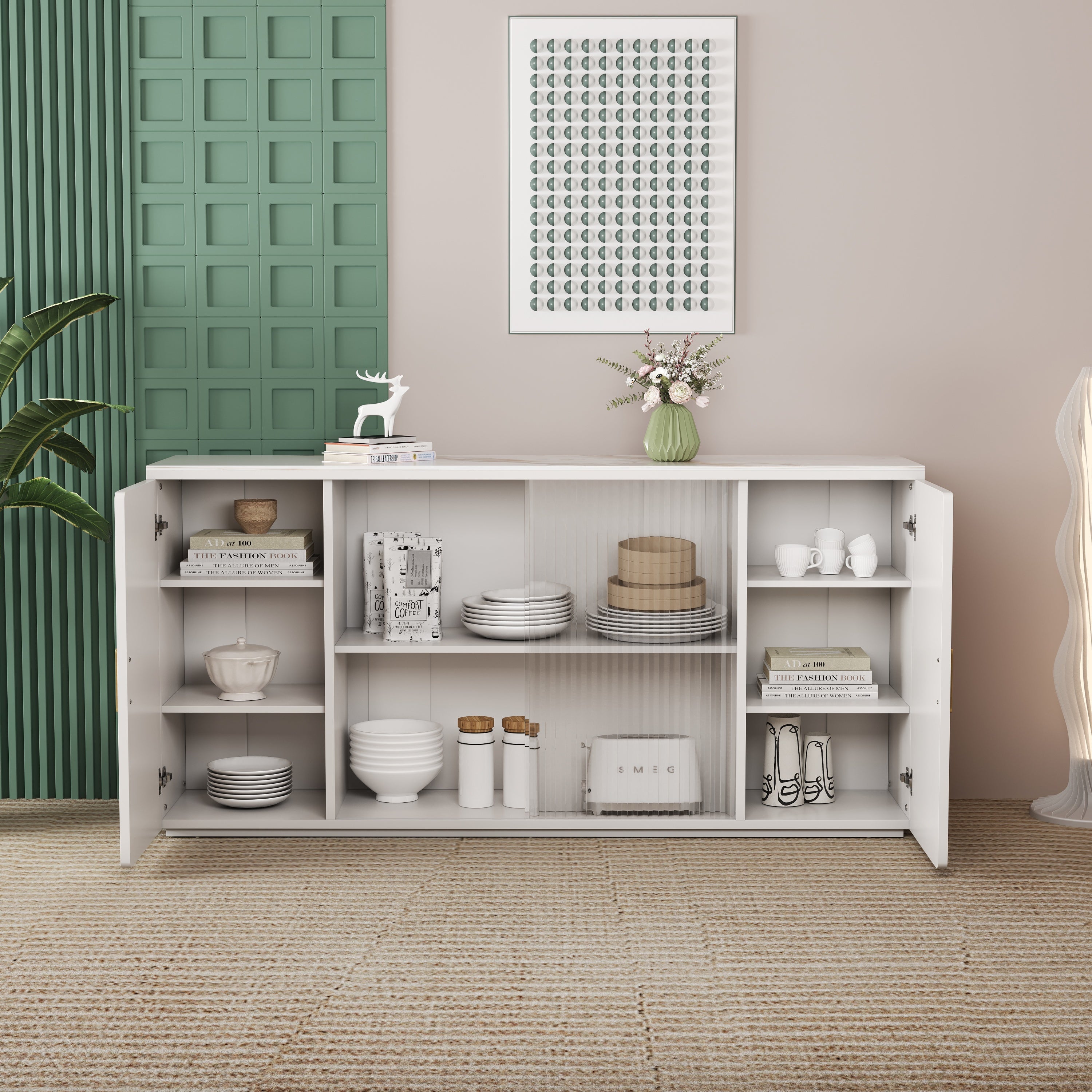 Elegant Wooden Sideboard with Glass Doors for Dust-Free Storage - Modern Buffet Perfect for Dining Room