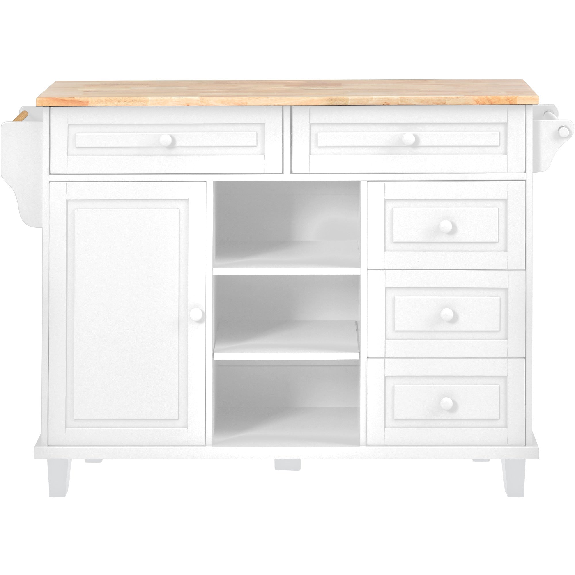 53" Kitchen cart with Rubber wood desktop rolling mobile kitchen island with storage and 5 draws, White