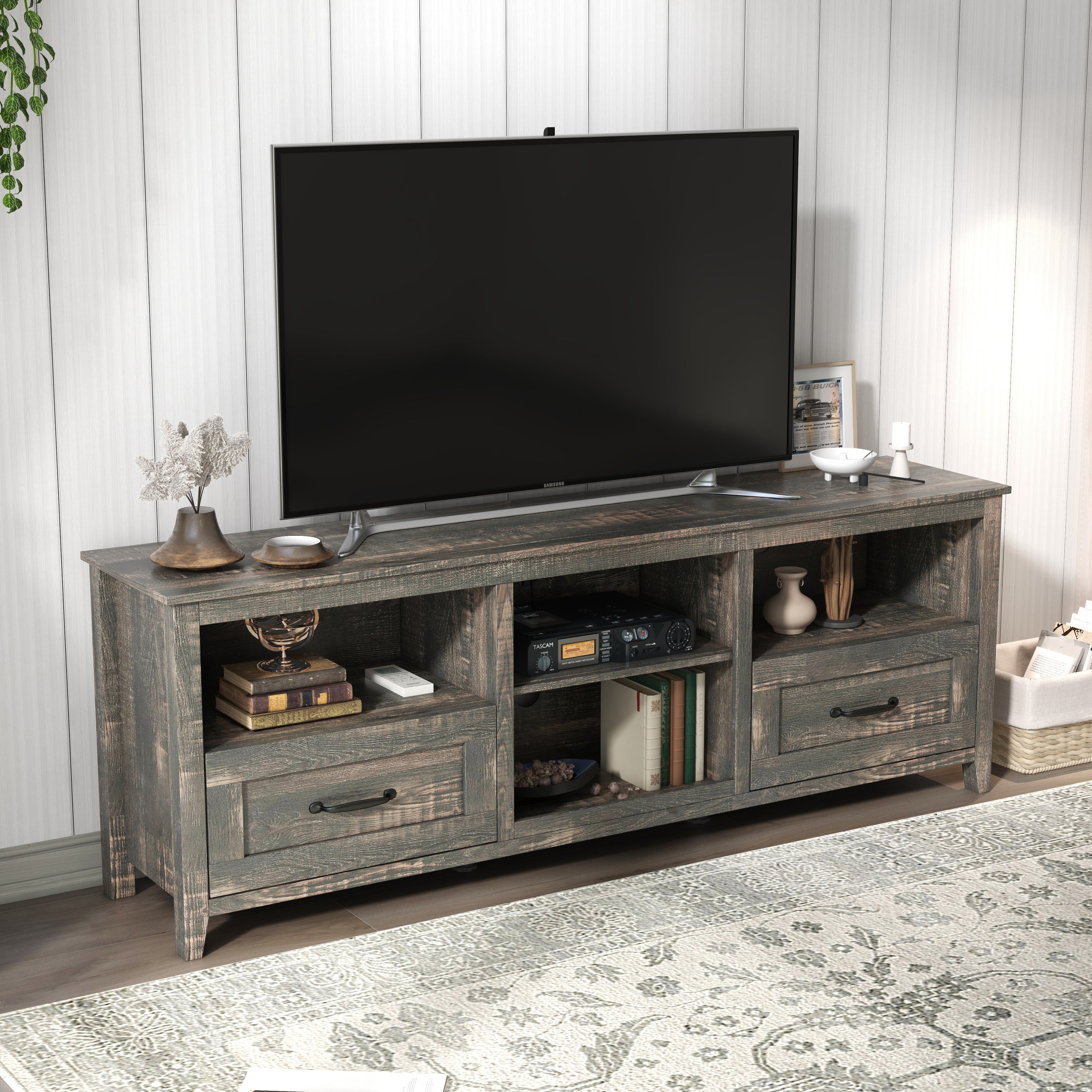 70 Inch Length TV Stand for Living Room and Bedroom, with 2 Drawers and 4 High-Capacity Storage Compartment,  Black Pine