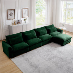 Large L Shape Sectional Corduroy Sofa,Deep Seat Couch with Storage Footstool and 4 Waist Pillows, Green