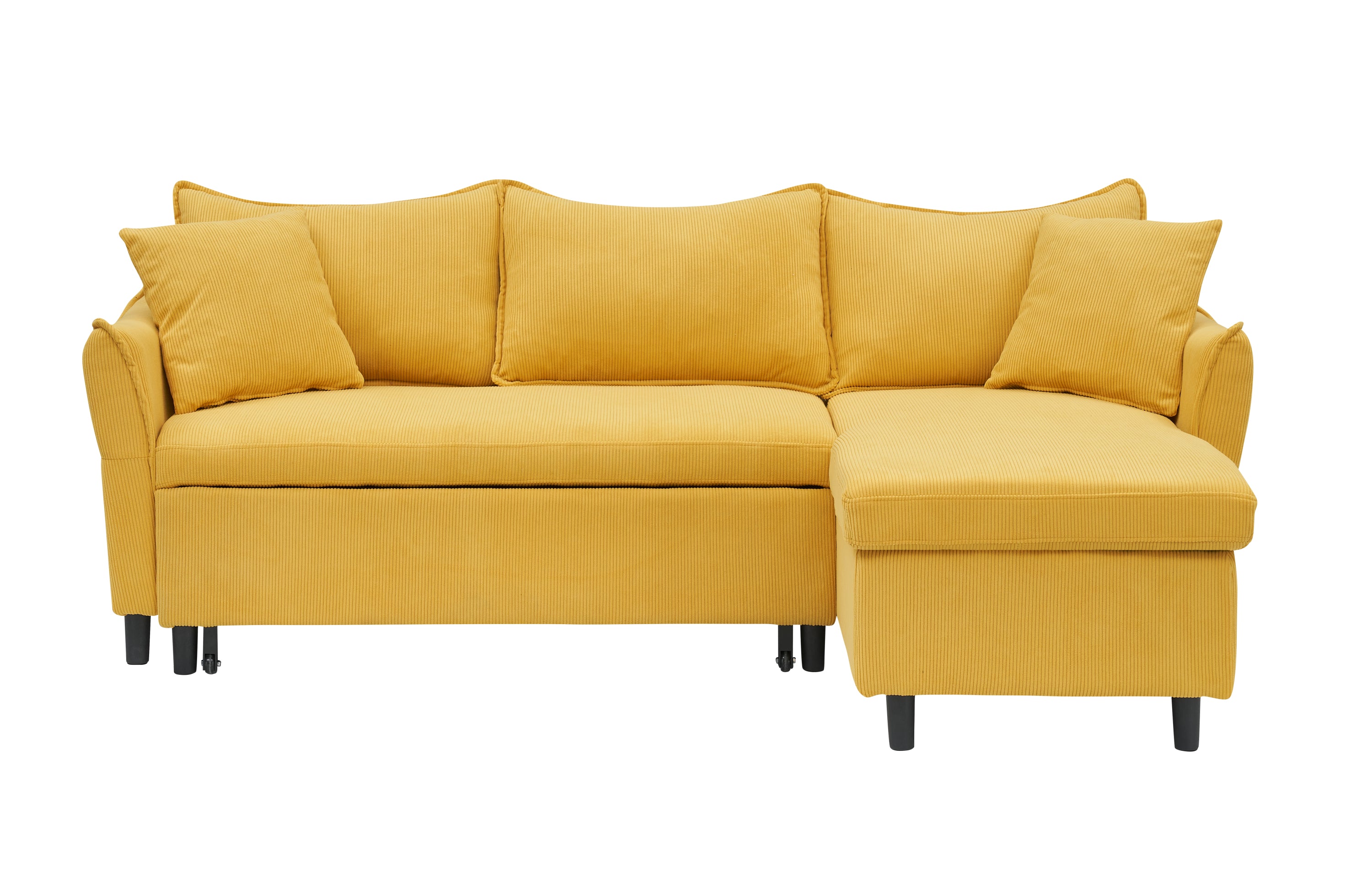 80" Yellow Corduroy L-Shaped Sofa Bed With Two Small Pillows - 3-Seater Sleeper Sofa With Storage For Living Room