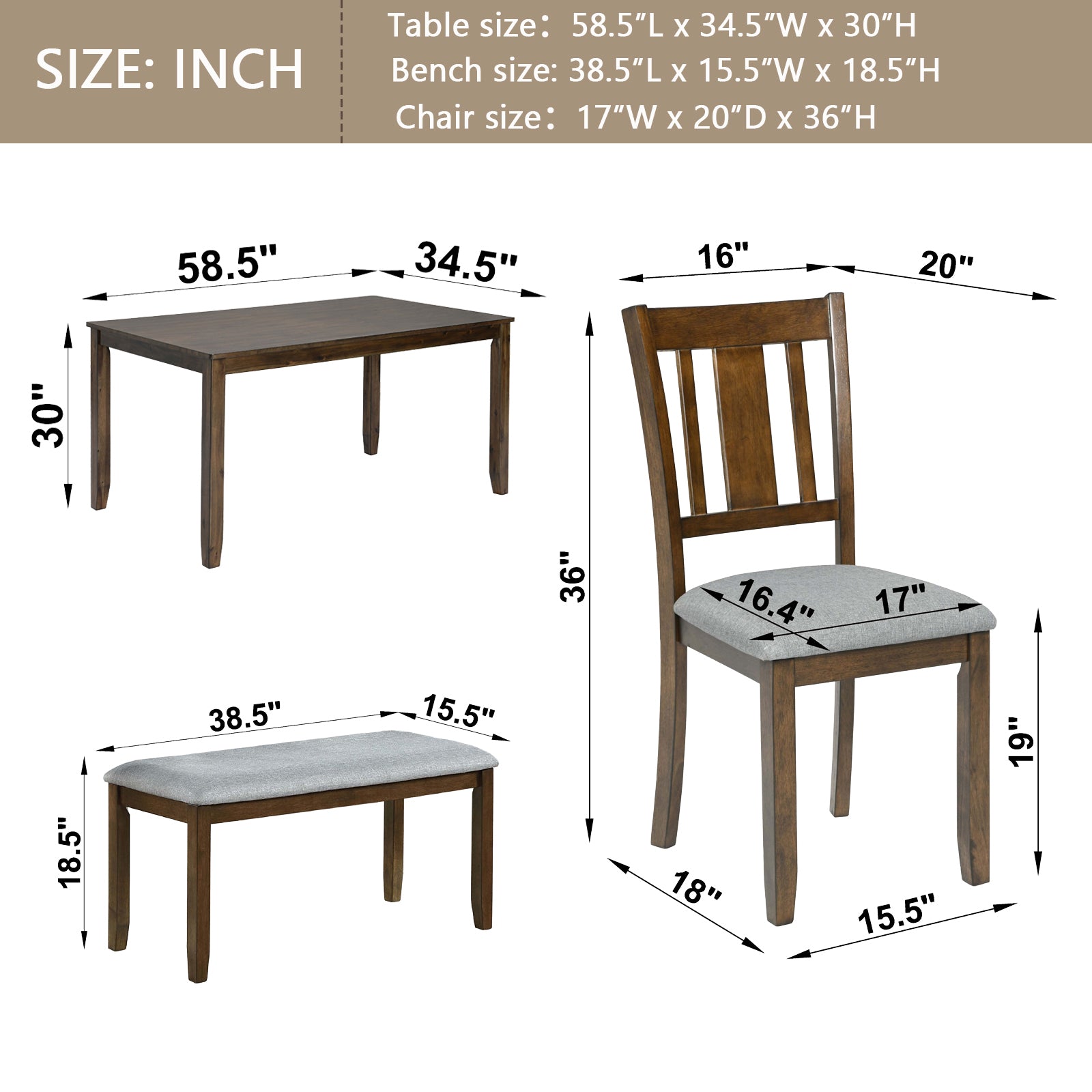 6 Piece Kitchen Dining Set, Rectangular Wooden Dining Table with 4 Upholstered Chairs and a Bench, Dining Table Set for 6 People, Living Room, Home Bar and Kitchen, Walnut