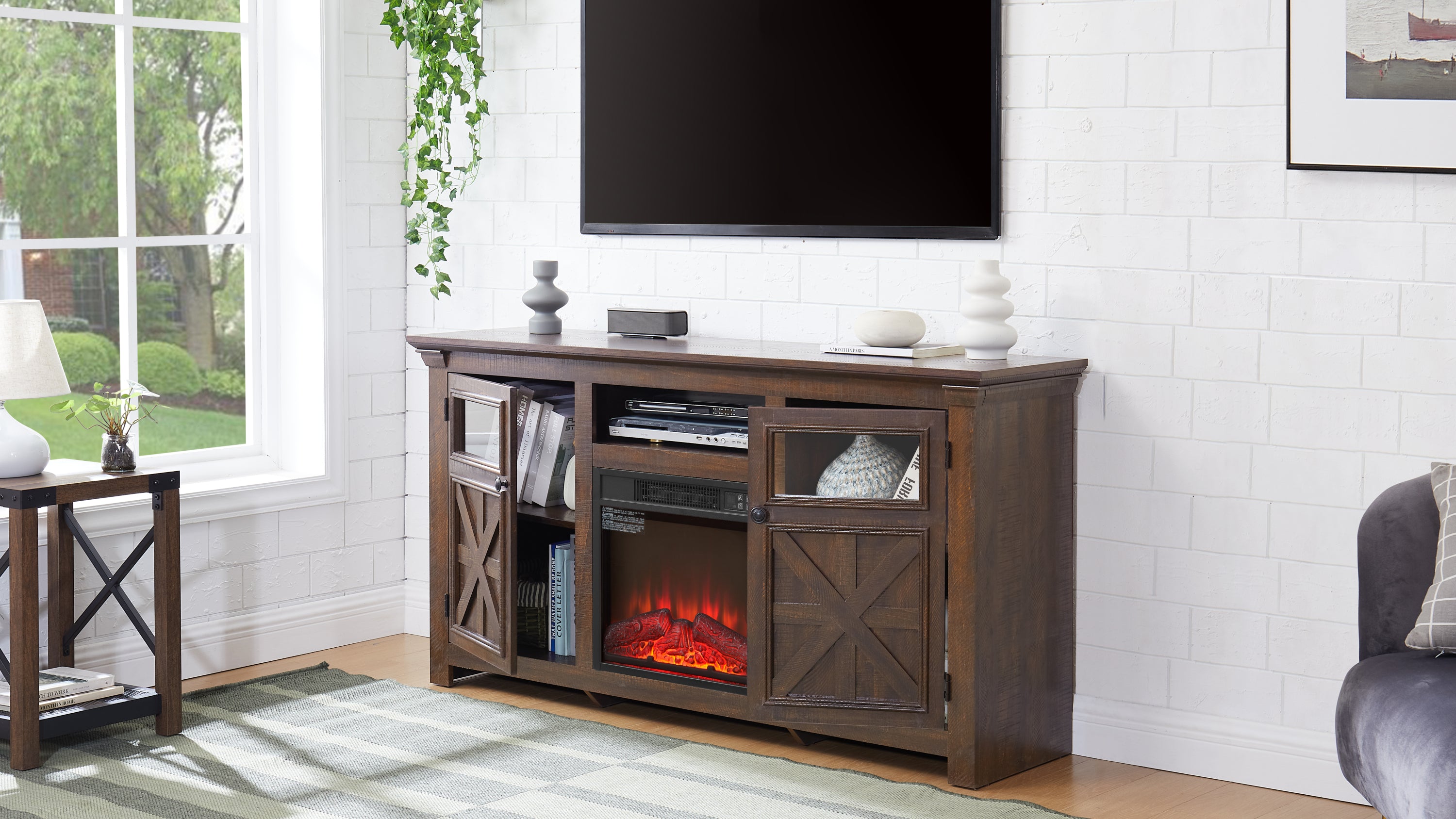 Farmhouse TV Stand with 2 Doors, Barn Design, Large Media Console with 18" Electric Fireplace Insert, Dark Brown