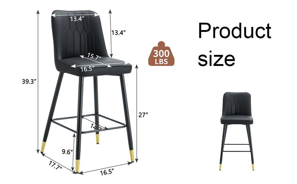 Modern Black PU Bar Stool - Set of 2 chairs with Comfortable Resting Beam