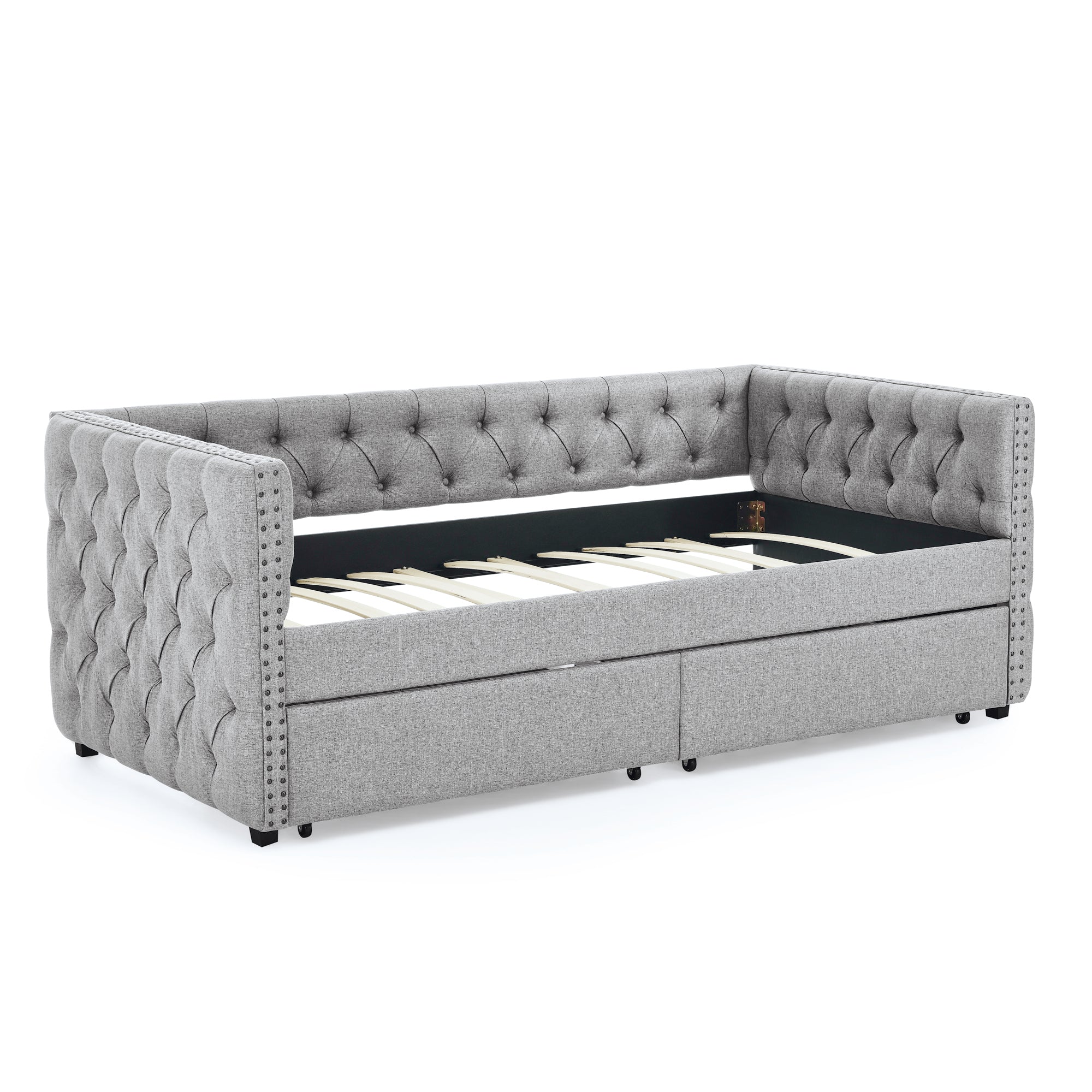 Upholstered Twin Size Daybed with Two Drawers, with Button and Copper Nail on Square Arms, Grey (82.75''x43''x30.75'')