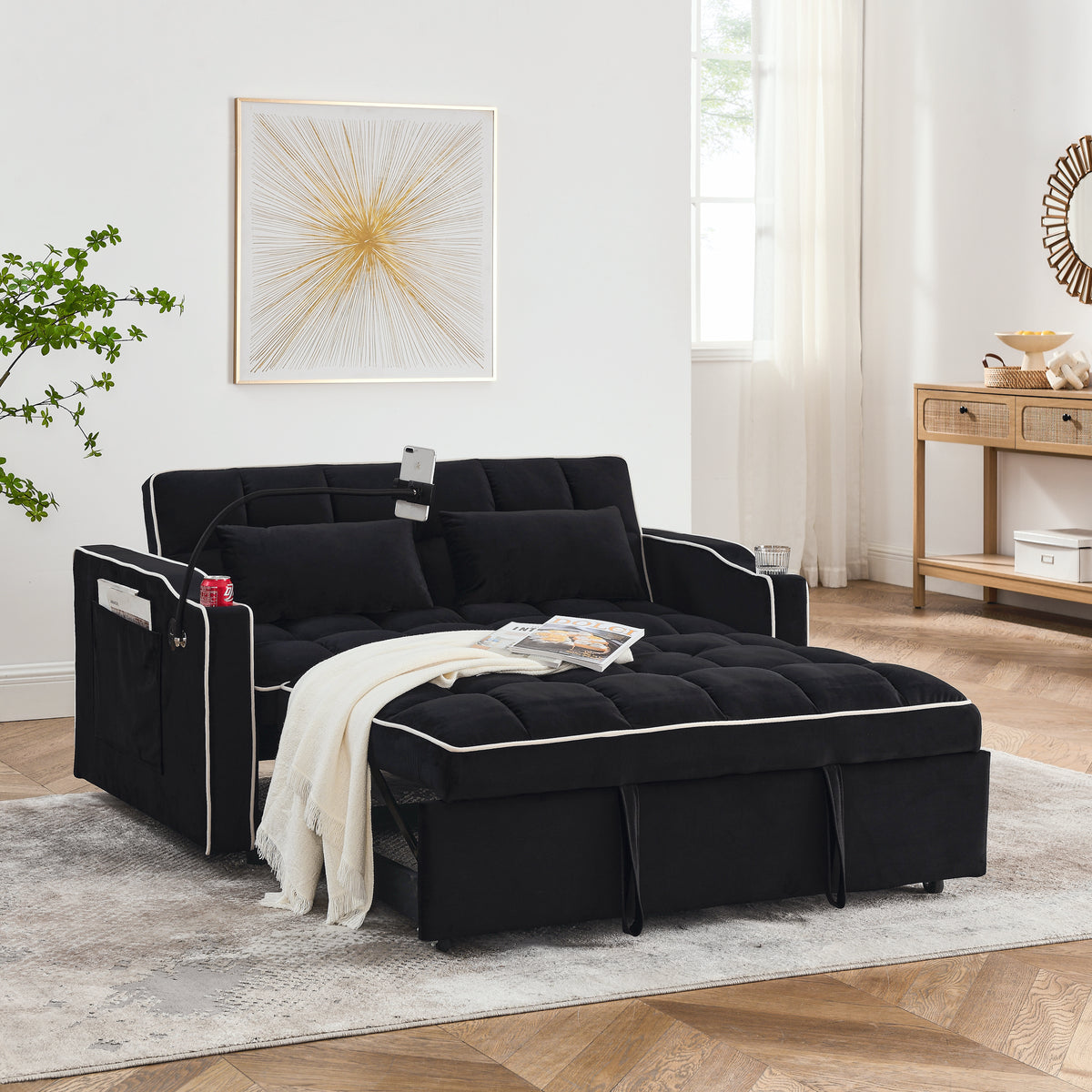 55.51" Foldable Velvet Sofa Bed with Adjustable Back, Pull-Out Design with USB Port, Ashtray, and Swivel Phone Stand, Black