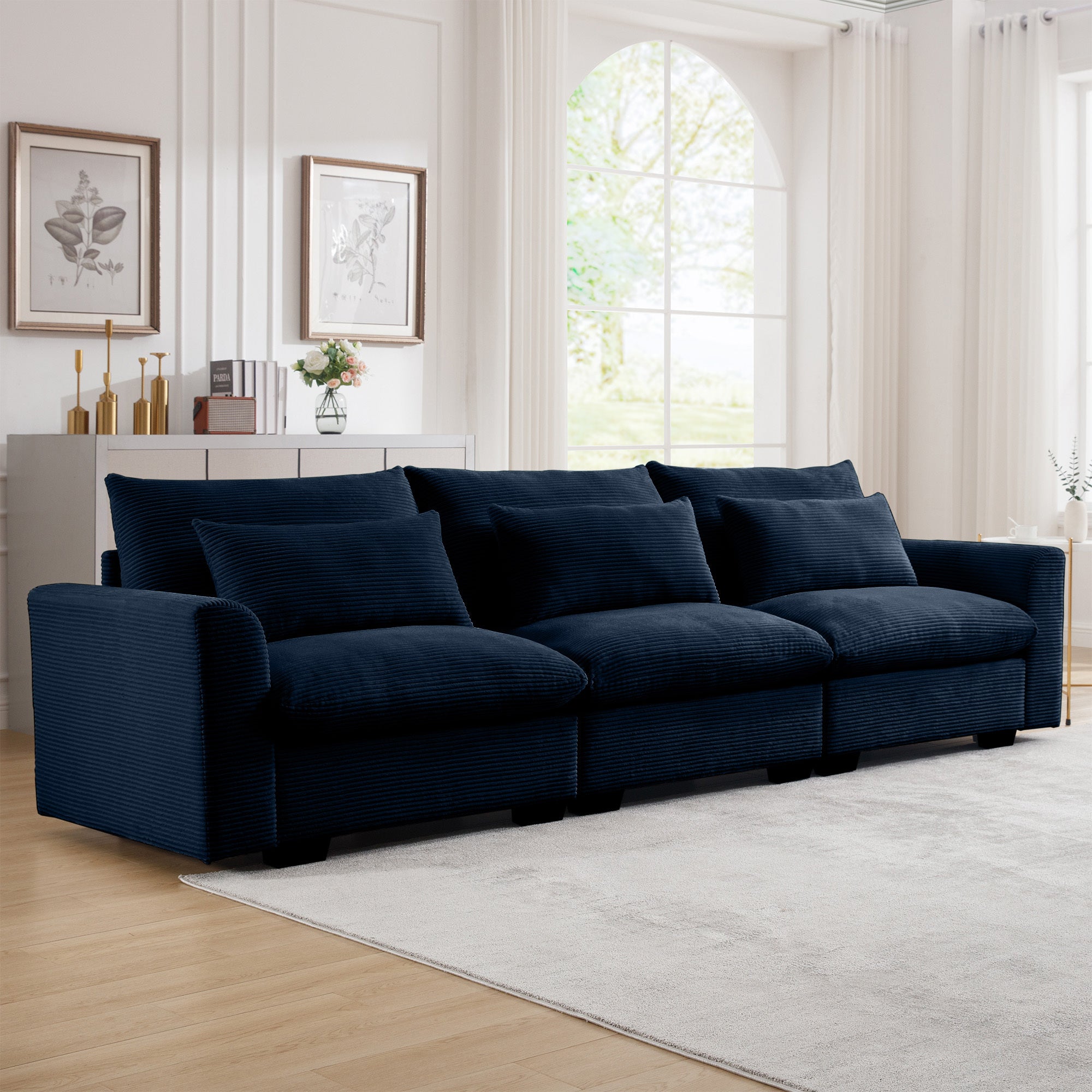 3 Seater Deep Seat Couches for Living Room, Wide and Deep Seat Comfy Living Roo Sofas with 3 Waist Pillows, Blue Corduroy