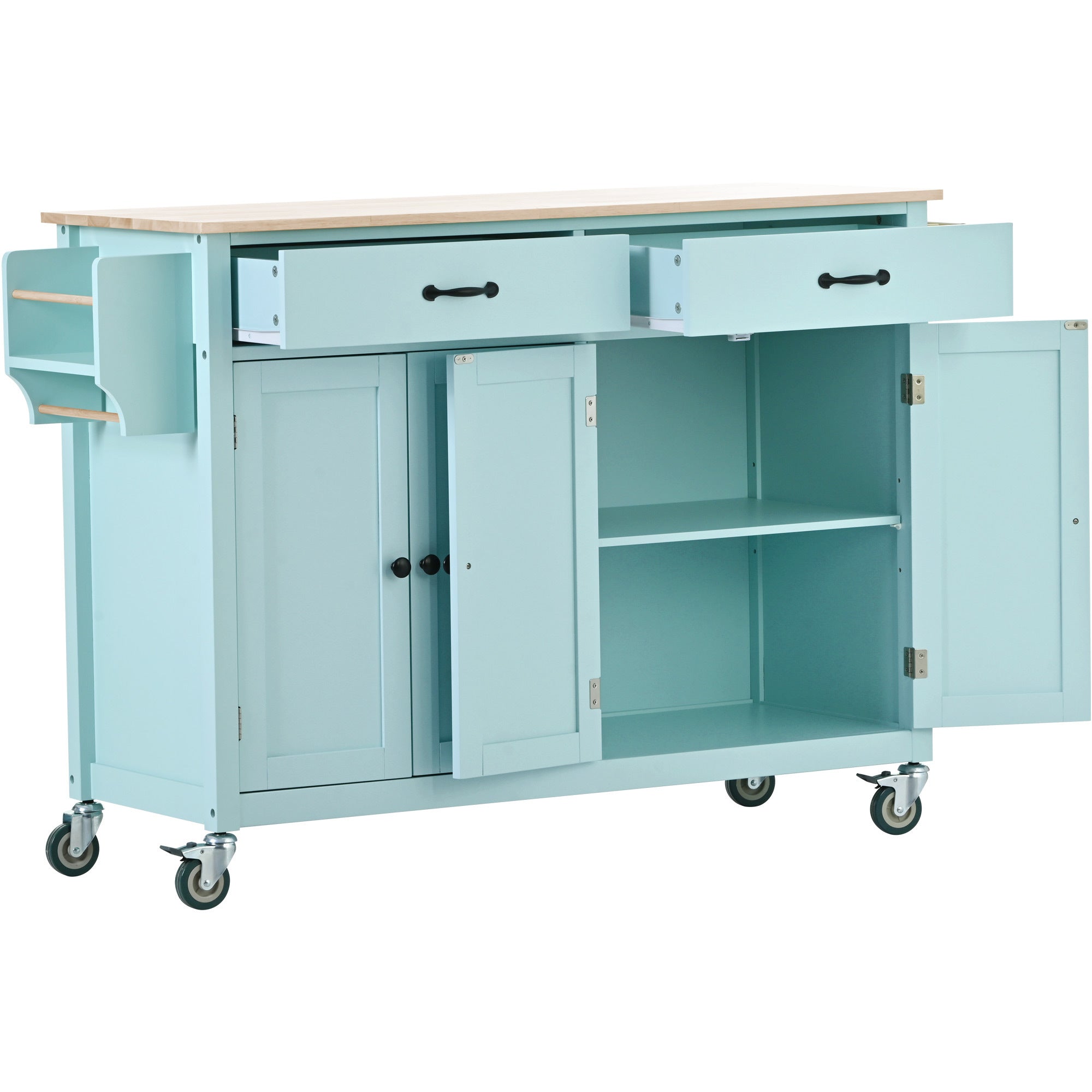 Kitchen Island Cart with 4 Door Cabinet and Two Drawers and 2 Locking Wheels - Solid Wood Top, Adjustable Shelves, Spice & Towel Rack Mint Green