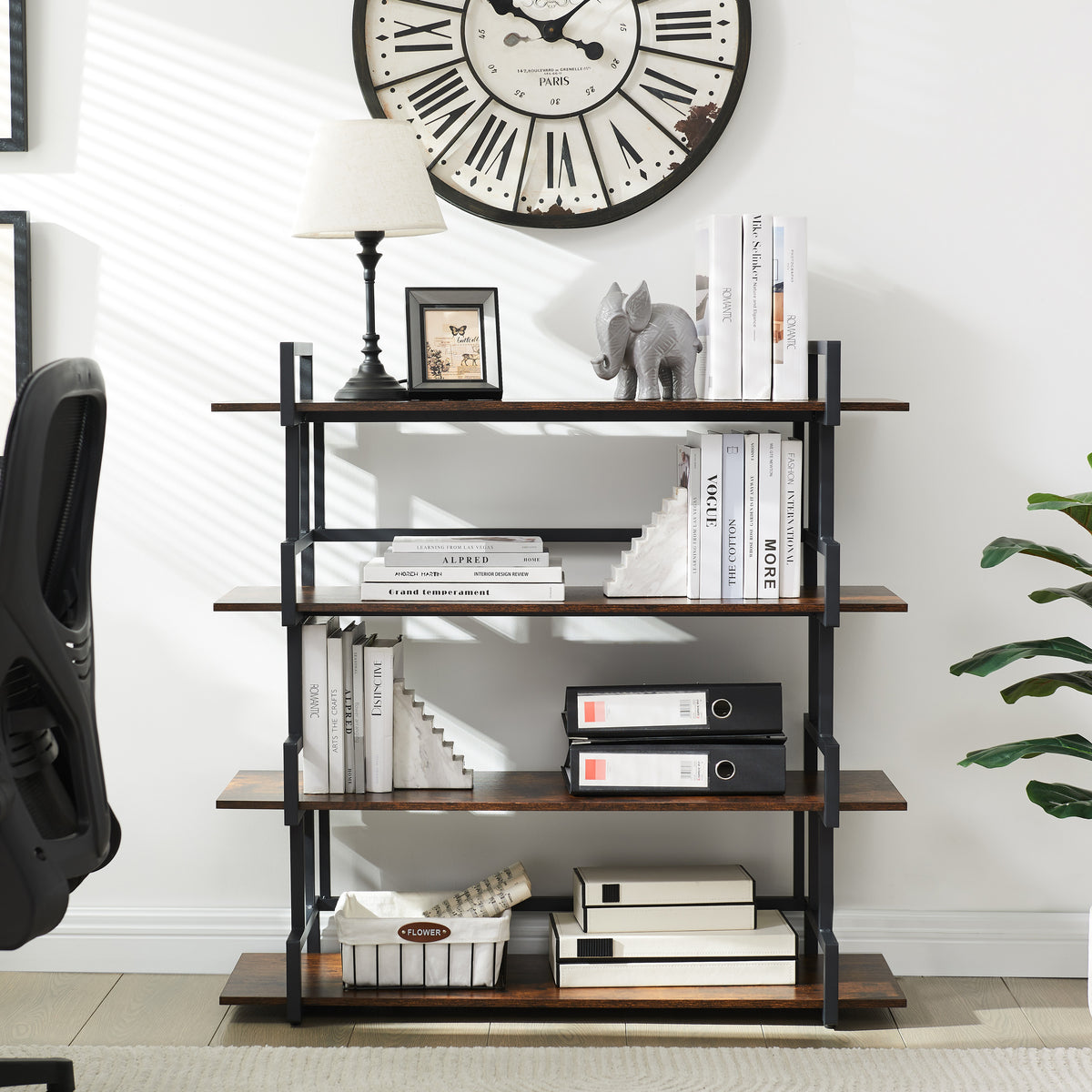 4-Tier Rustic Wood & Metal Bookshelf, Industrial Style