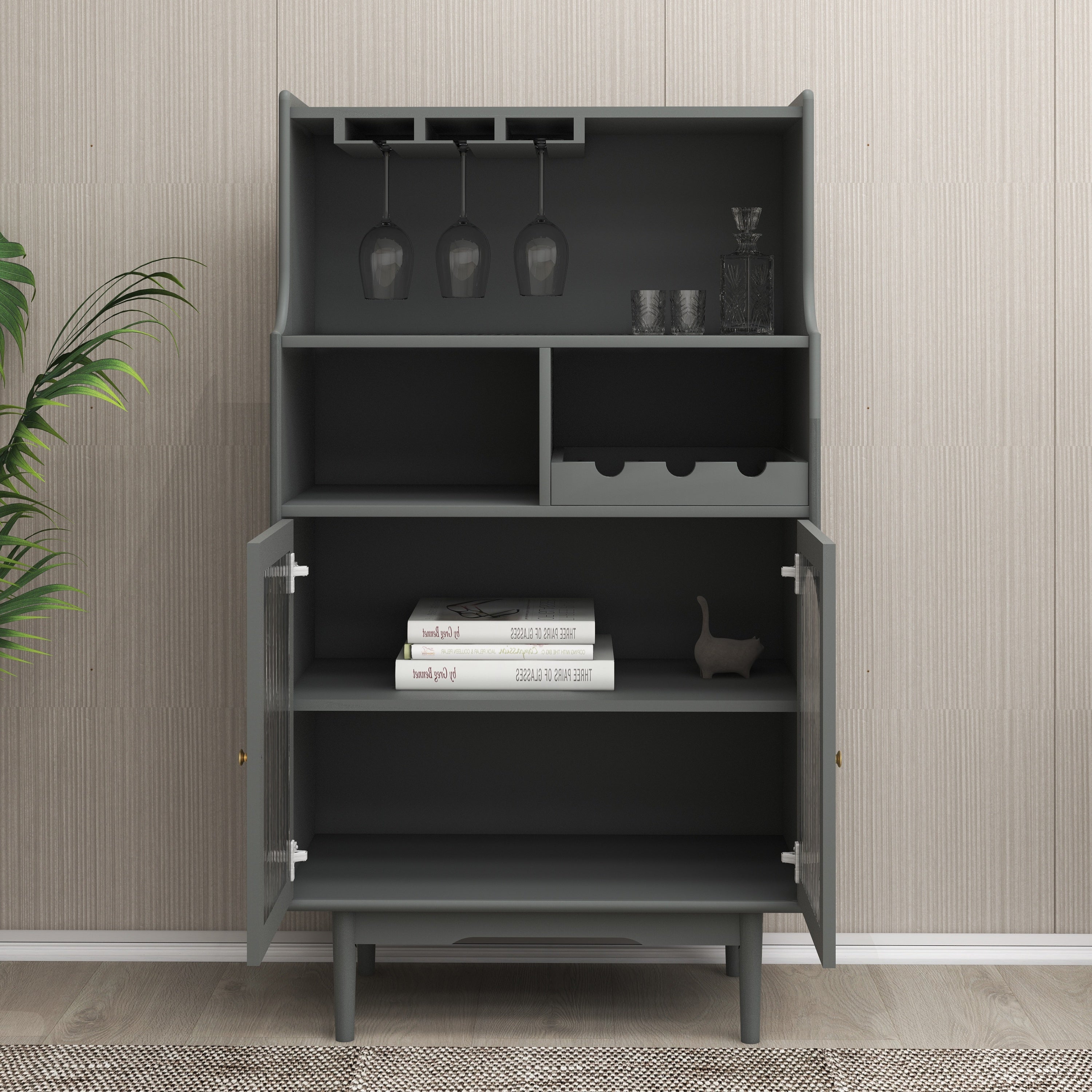 Living Room Grey color wine cabinet with removable rack and wine glass rack, one cabinet with glass doors