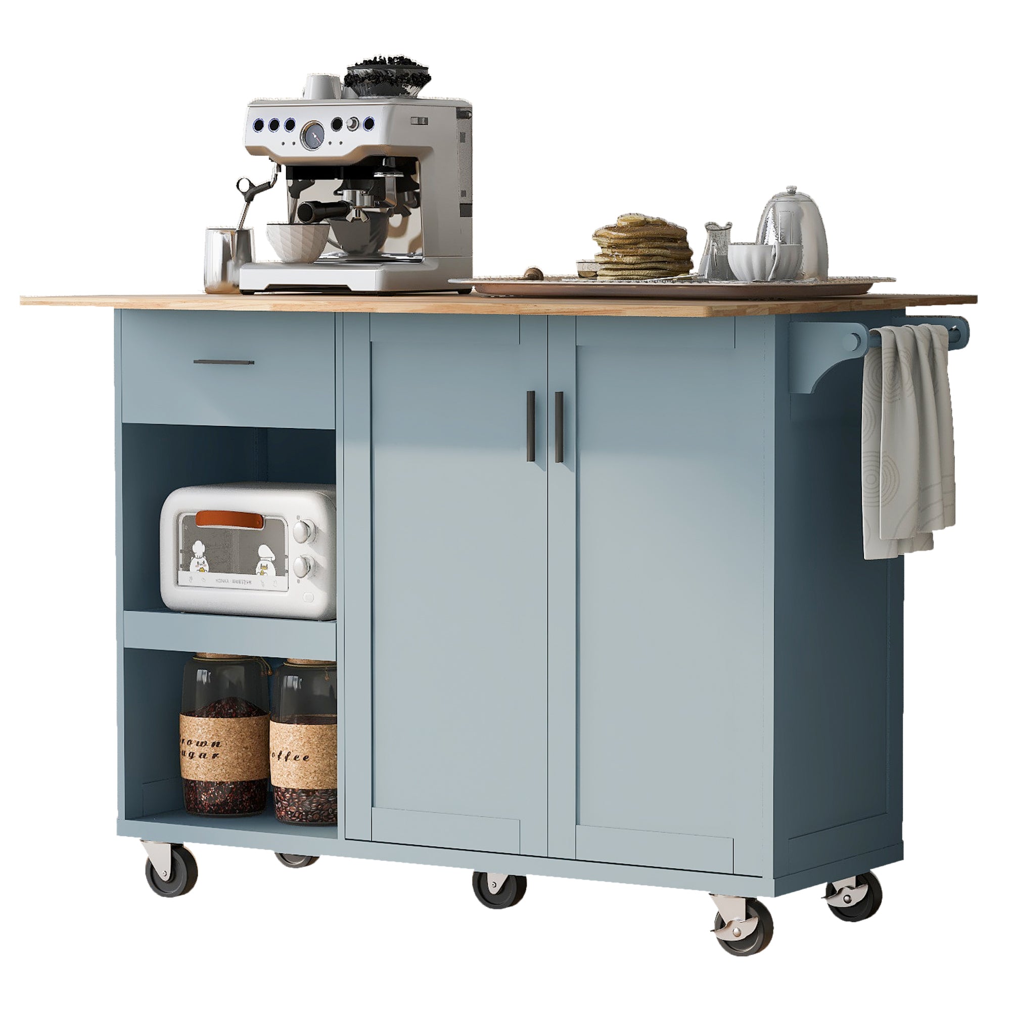 K&K Kitchen Island with Foldable Counter Top for Kitchen, Living Room, Dining Room, Grey Blue