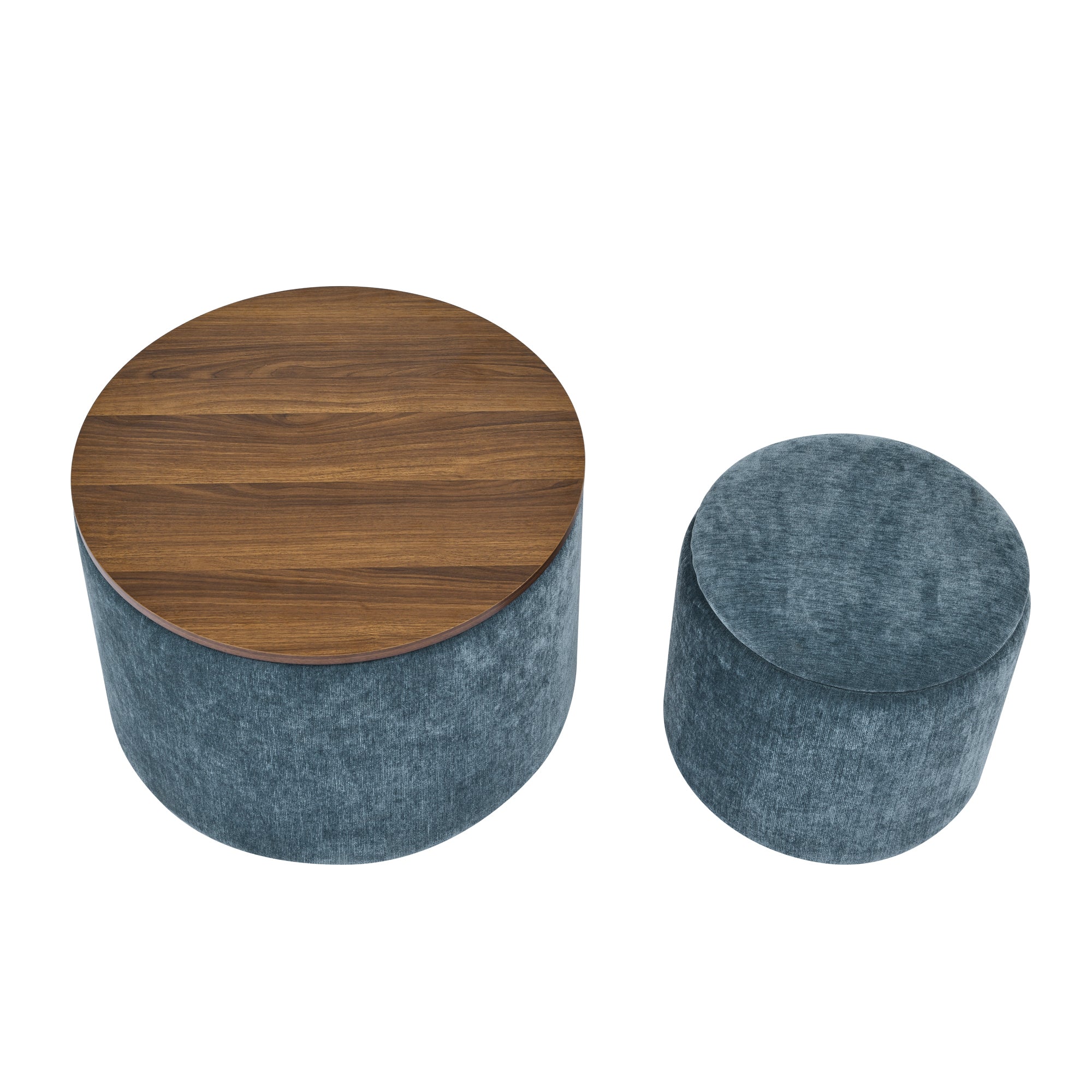 2-Piece Set Round Chenille Storage Ottoman, Equipped with a Drum Shaped Small Stool, Storage Space, and MDF Made Desktop Panel (Dark Blue23.62"x23.62"x16.53")