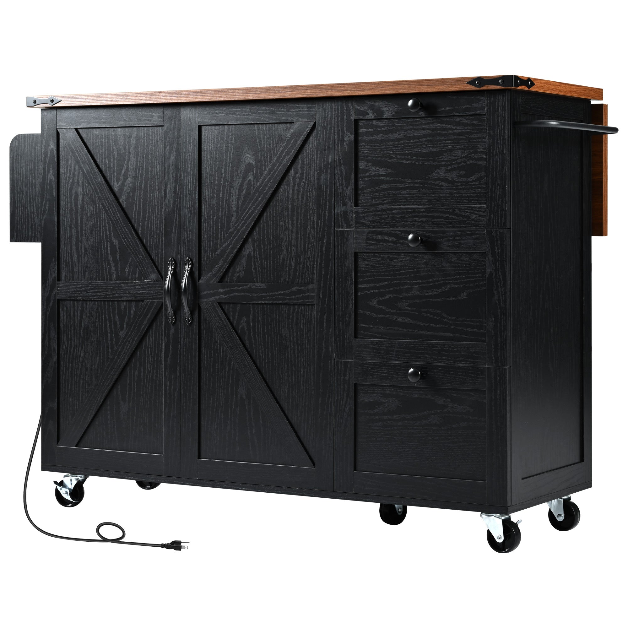 K&K 54.5" Kitchen Storage Island  with Internal Storage Rack, Drop Leaf, Spice Rack, Rolling Kitchen Cart on Wheels, Black