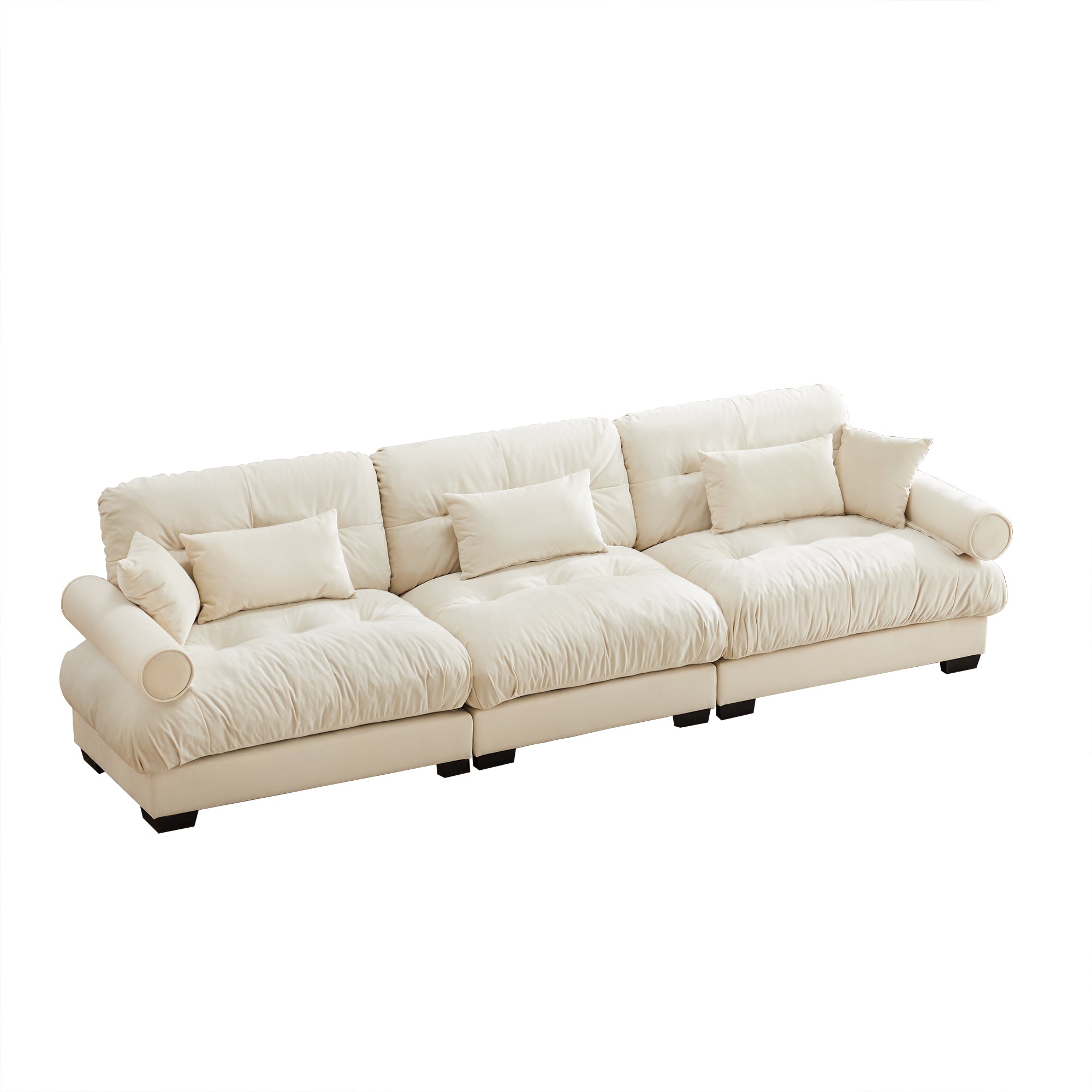 Extra-Large 3-Seater Modern Velvet Sofa, Oversized Cloud-Like Comfort with Waist and Throw Pillows, Beige