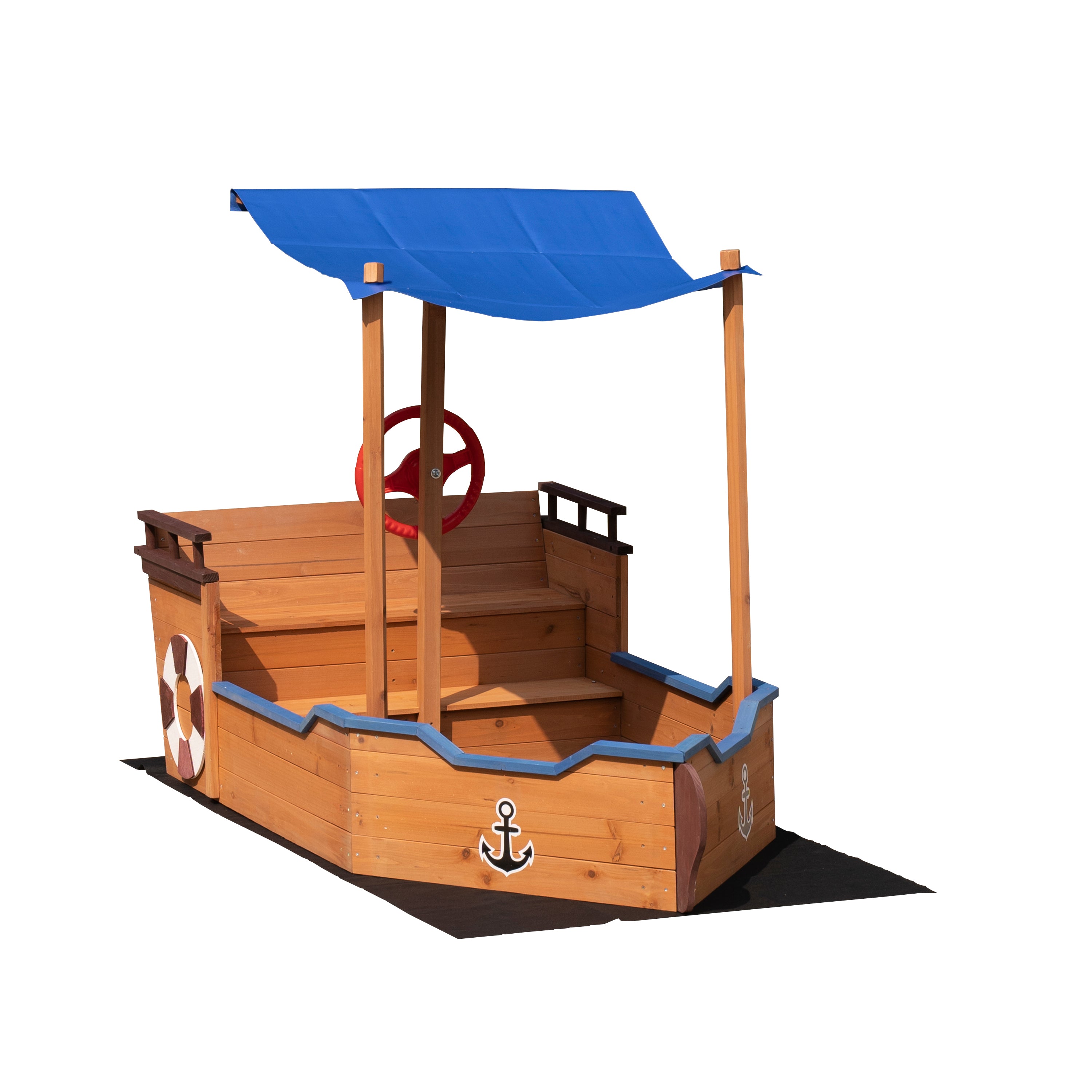 Wooden Pirate Ship Sandbox with Cover & Storage Bench for Kids