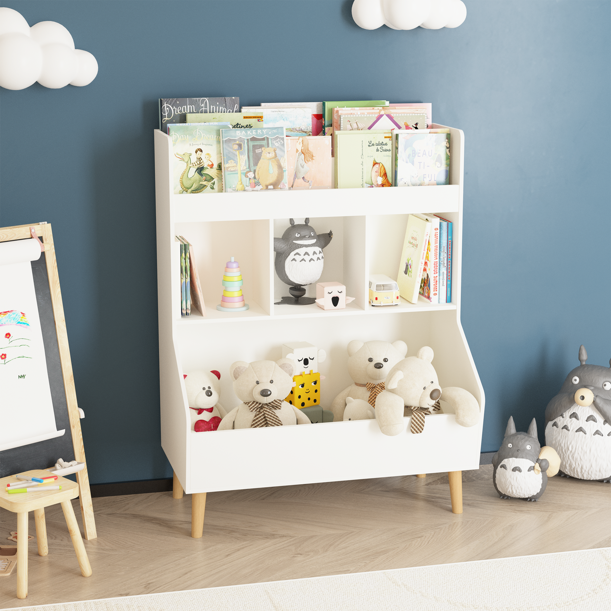 Toy Storage Organizer, Kids Bookshelf and Toy Storage with Legs, Multifunctional Storage Organizer, Children Bookcase for Kids Room, Living Room, Nursery,White