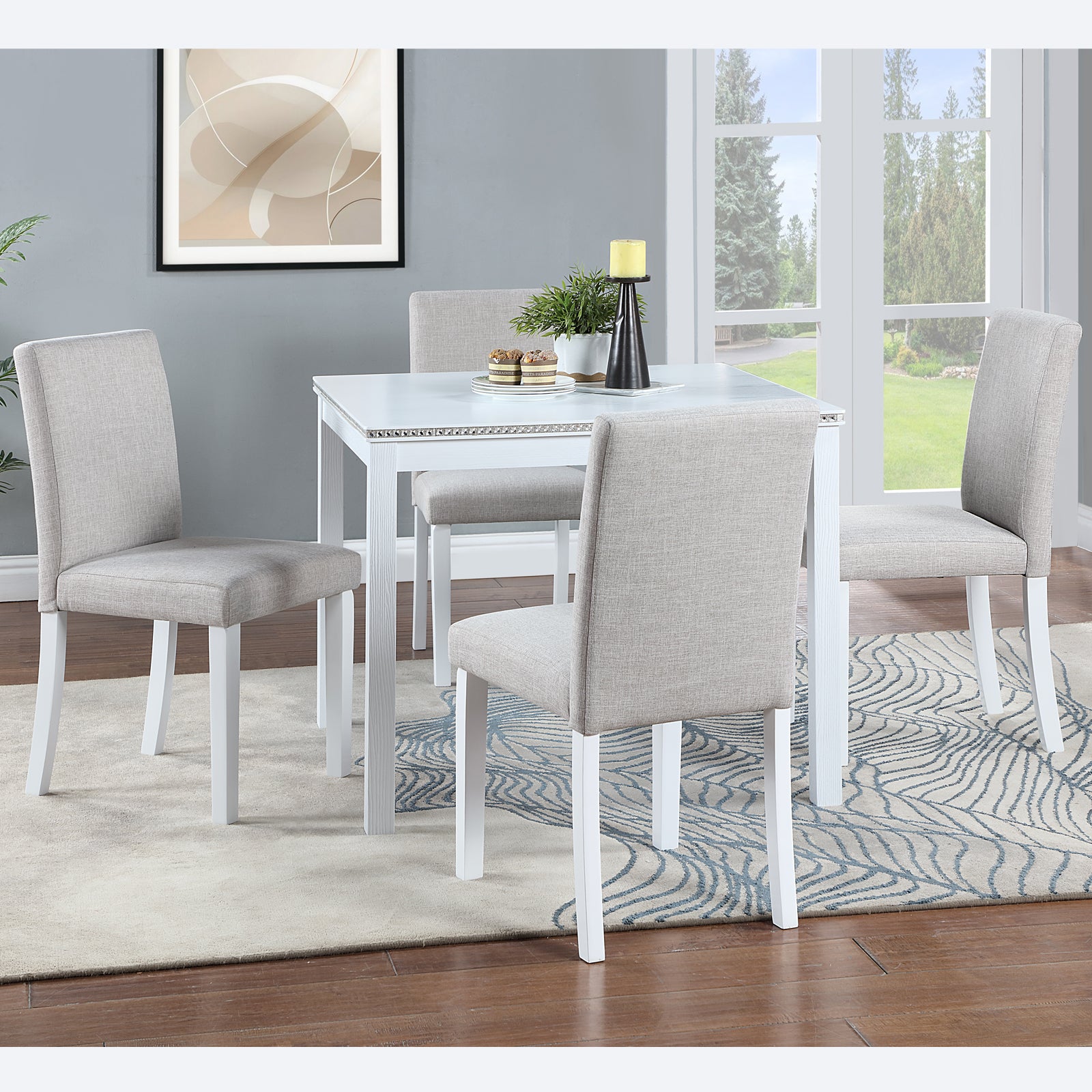 5 Piece Wooden Dining Table Set, Kitchen Table Set with a Square Table and 4 Upholstered Chairs, Wooden Dining Room Table with Crystal Decoration and Chairs Set for Kitchen, Dining Room, White