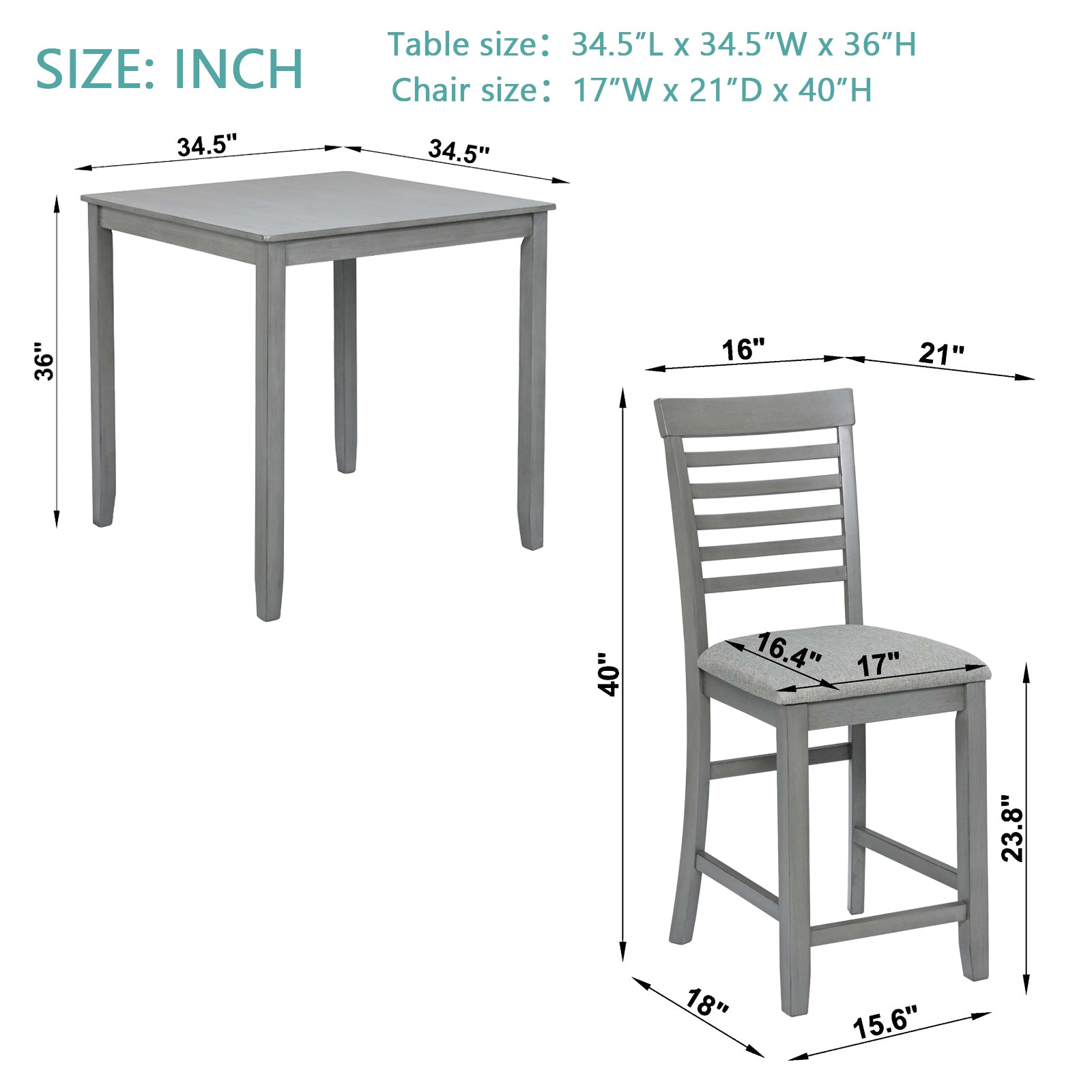 5 Piece Dining Table Set, Wooden Dining Square Table Set for 4, Counter Height Kitchen Table Set with Square Table and 4 Upholstered Chairs for Small Space, Gray