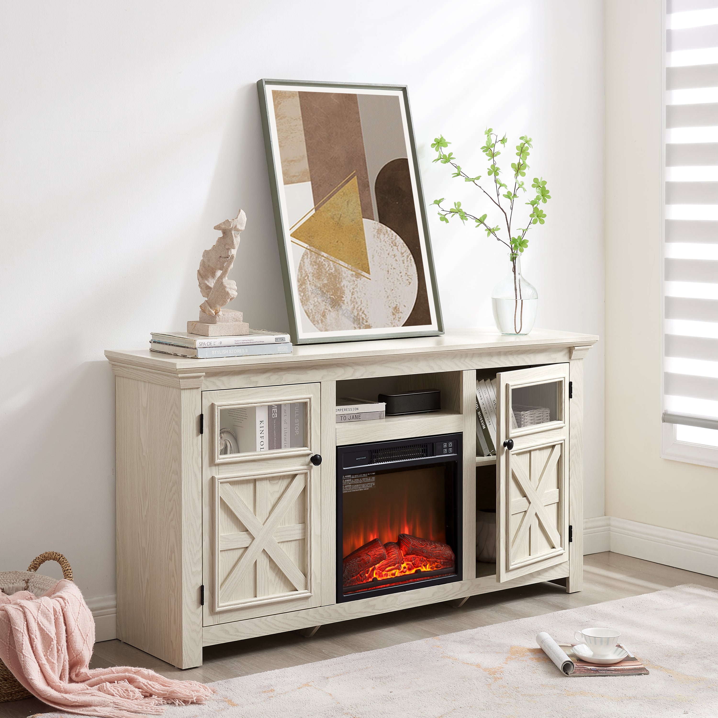 Farmhouse TV Stand with 2 Doors, Barn Design, Large Media Console with 18" Electric Fireplace Insert, WHITE