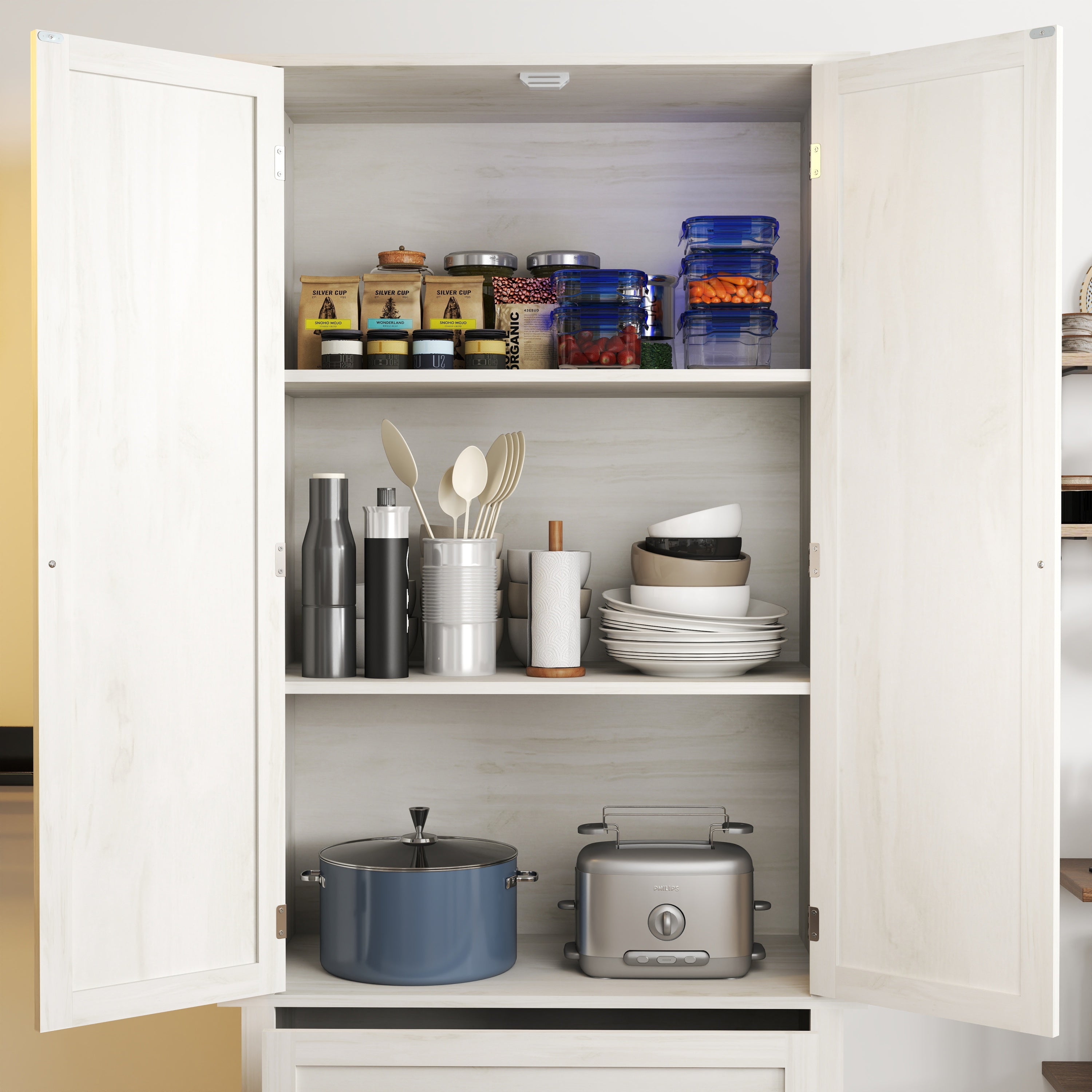 70" Tall Kitchen Pantry Cabinet with 2 Drawers & Shelves, Antique White