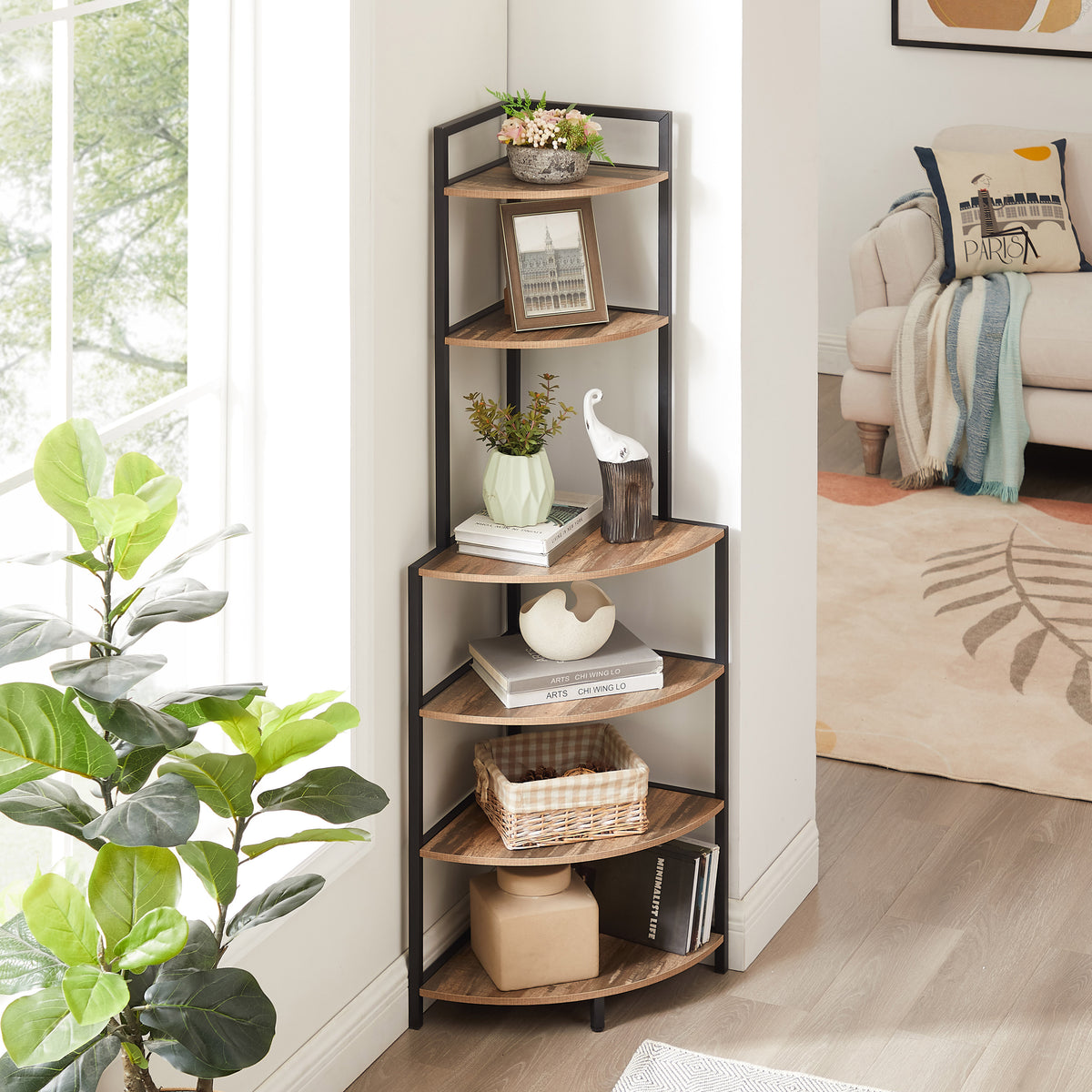 6-Tier Corner Shelf, Freestanding Bookcase for Small Spaces