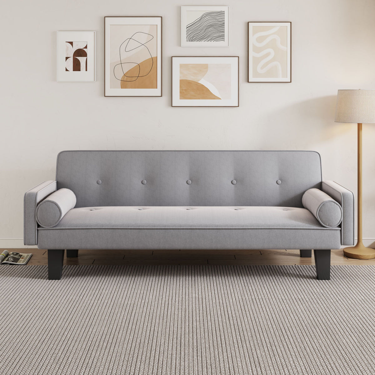 72" Gray Cotton Linen Sofa Bed with Two Pillows Suitable for Family Living Room