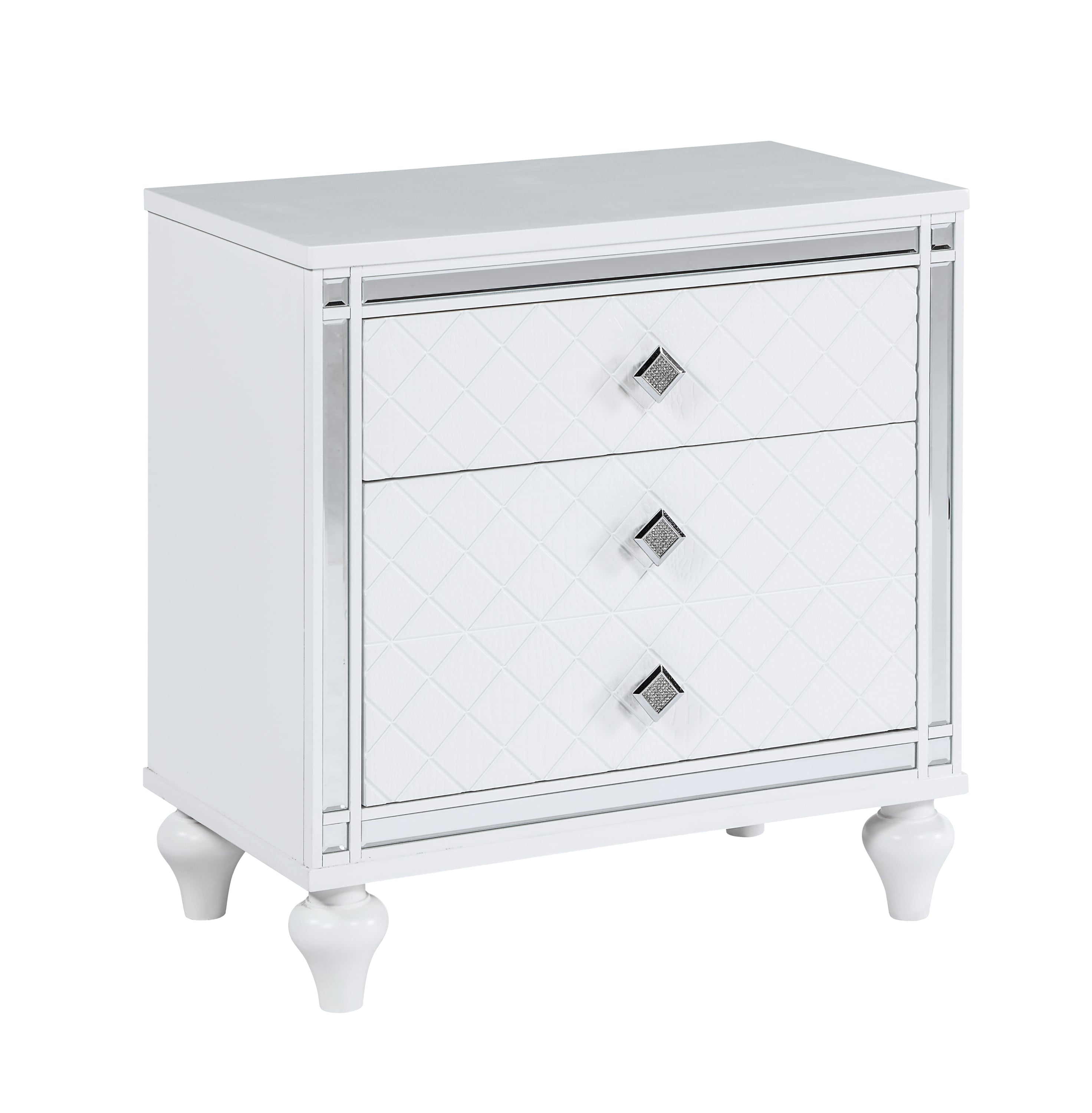 Contemporary Nightstands with mirror frame accents, Bedside Table with two drawers and one hidden drawer, End Table with Crystal Pull for Living Room,Bedroom, White