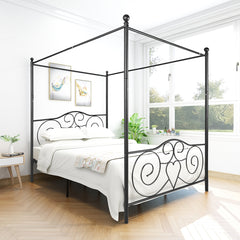 Metal Canopy Bed Frame with Vintage Headboard & Footboard - Queen, Black