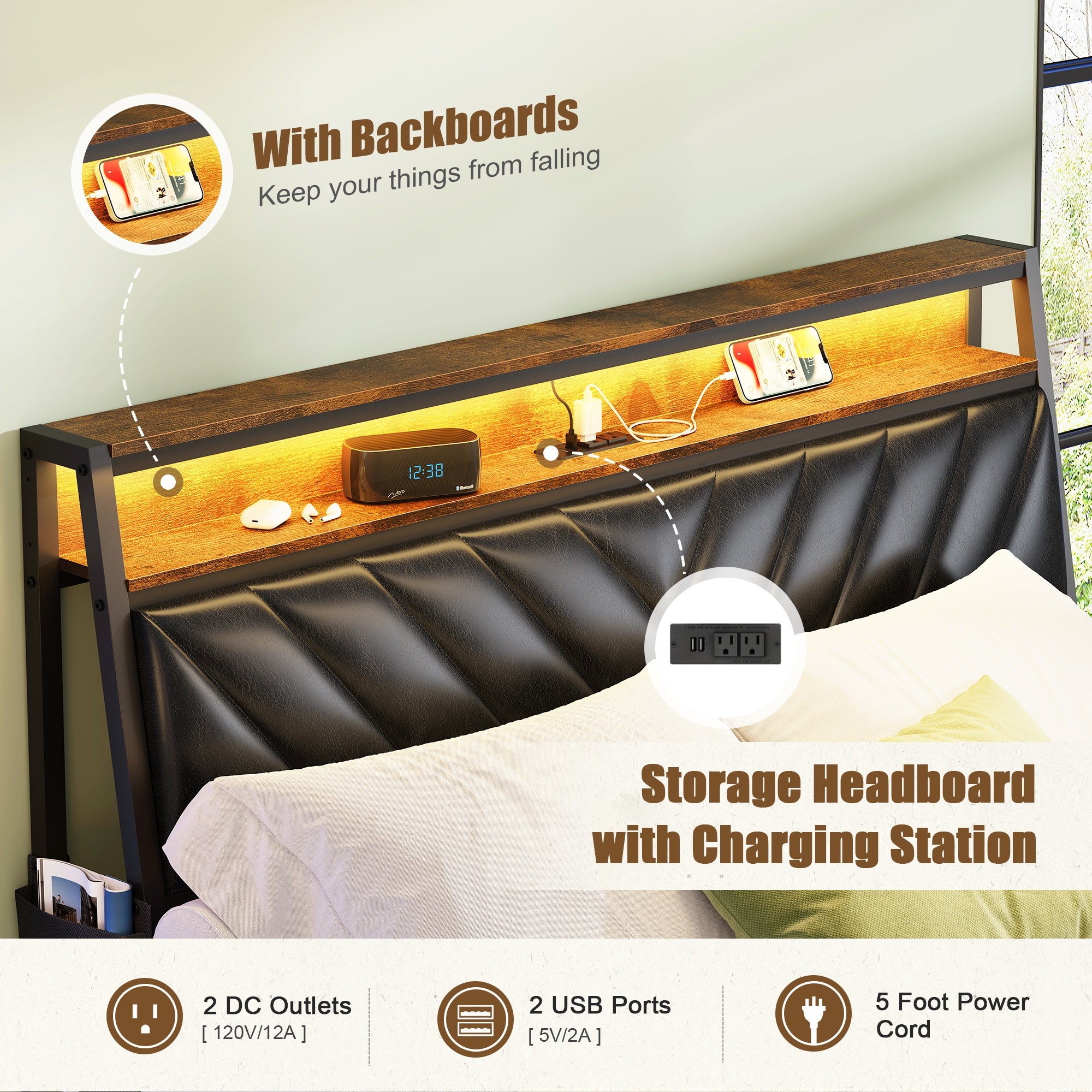 Queen size Platform Bed Frame with 105-Degree Tilted Upholstered Headboard, Charging Station, LED Lights, Noiseless, Black and Brown