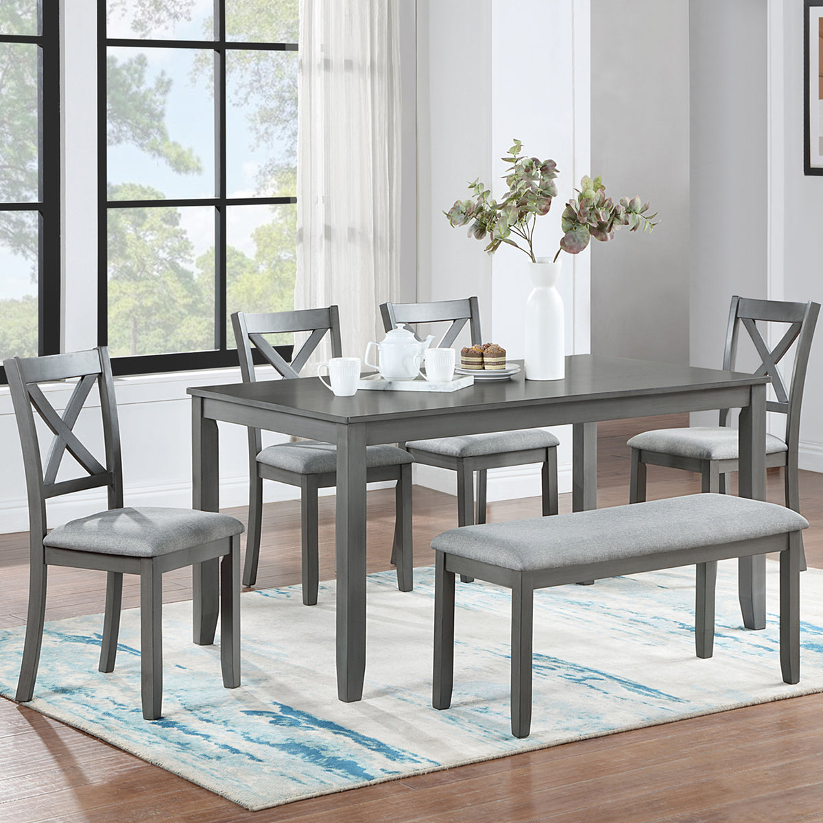 6 Piece Kitchen Dining Set, Rectangular Wooden Dining Table with 4 Upholstered Chairs and a Bench, Dining Table Set for 6 People, Living Room, Home Bar and Kitchen, Gray