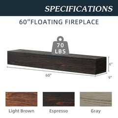 60" Rustic Wood Floating Fireplace Mantel Shelf – Wall-Mounted